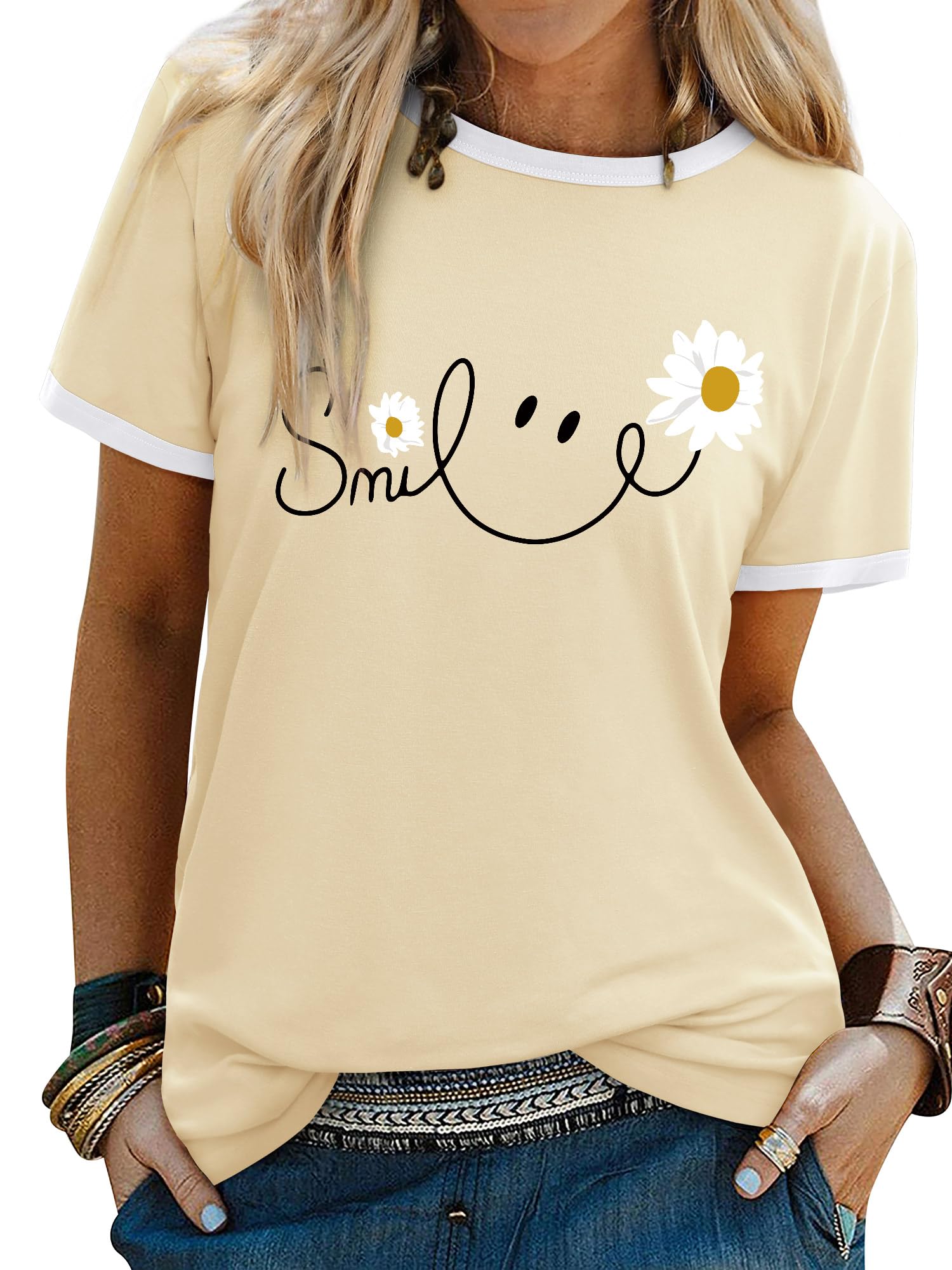 Yihelian Tshirts Frauen Rundhals Top Damen Daisy Print Kurzarm Tee Shirt Sommer Lächeln Brief Gedruckt Shirts