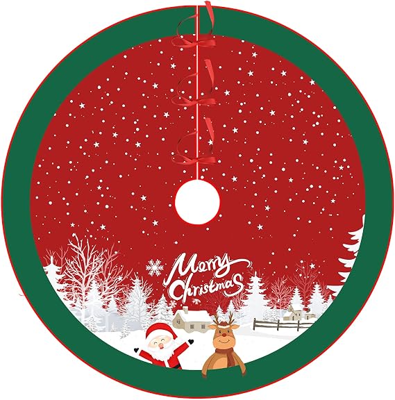 Christmas Tree Skirt Red and Green Tree Skirt Ornaments Soft Plush Christmas Tree Mat with Santa Snow Claus Deer for Decorations Holiday Party Indoor Outdoor 48 Inches