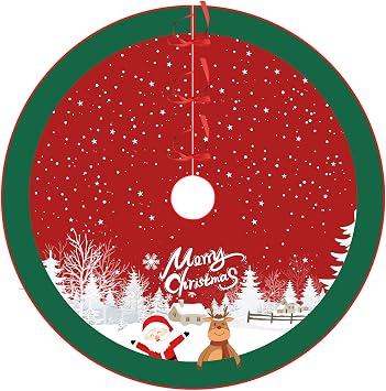 Christmas Tree Skirt Red and Green Tree Skirt Ornaments Soft Plush Christmas Tree Mat with Santa Snow Claus Deer for Decorations Holiday Party Indoor Outdoor 48 Inches