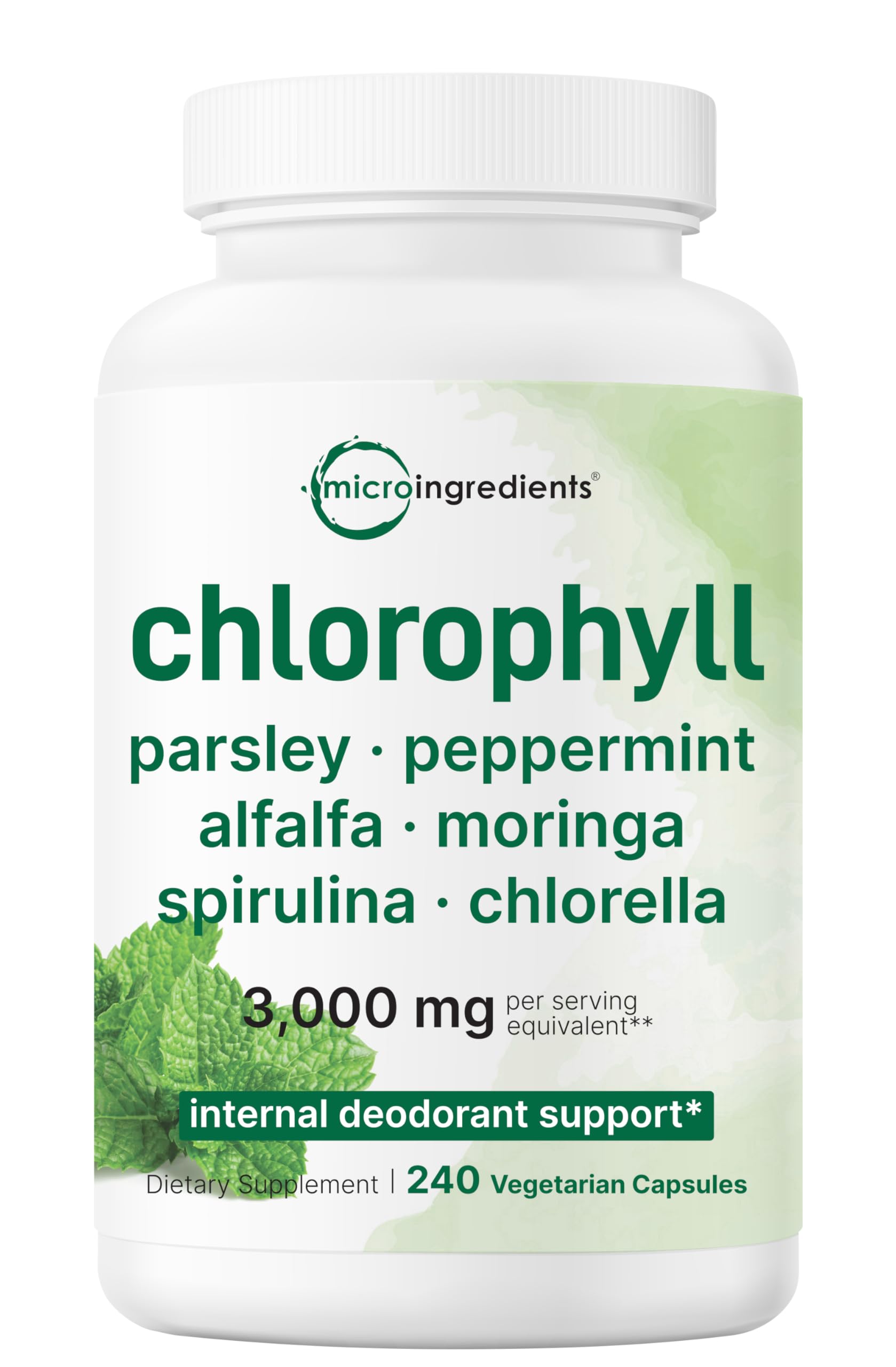 Micro Ingredients Chlorophyll Super Greens Complex | 240 Veggie Capsules with Parsley, Moringa, Spirulina, Chlorella & More | Internal Deodorant, Detox & Immune Support | Gluten-Free, No Additives