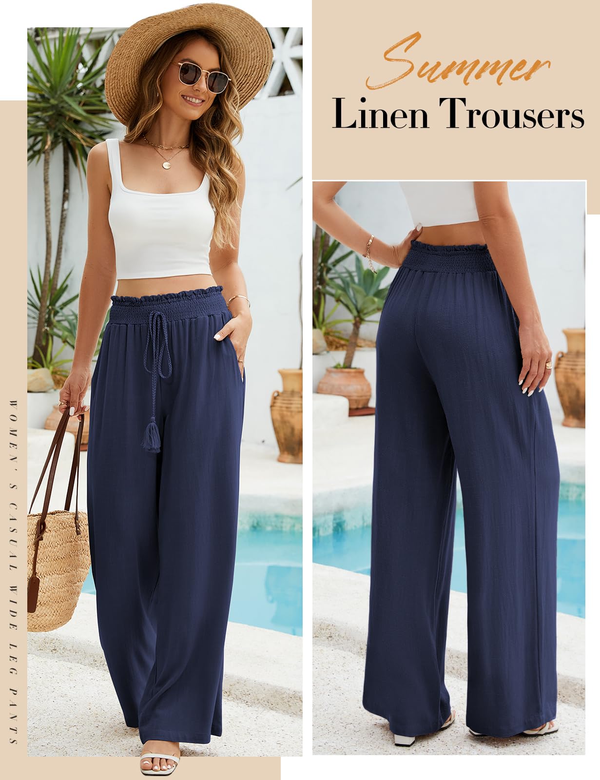 UMIPUBO Pantalon Lin Femme Été Coton Chanvre Décontractés Large Pantalons Fluide Elegant Chic Taille Haute Élastique Pantalon Léger Jogging Pants de Plage avec Poches