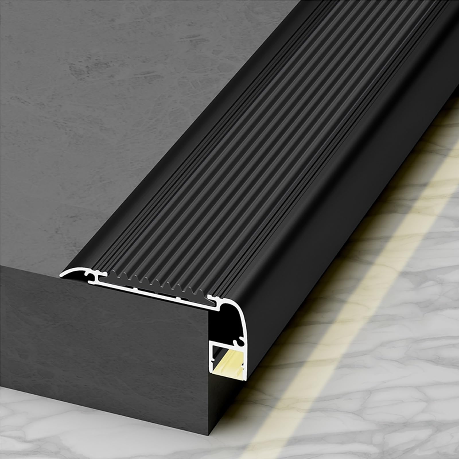 Borde de metal antideslizante para escalera, canal LED de 43 pulgadas con tiras de seguridad, paquete de 5 protectores de borde negro para perfiles de escalera