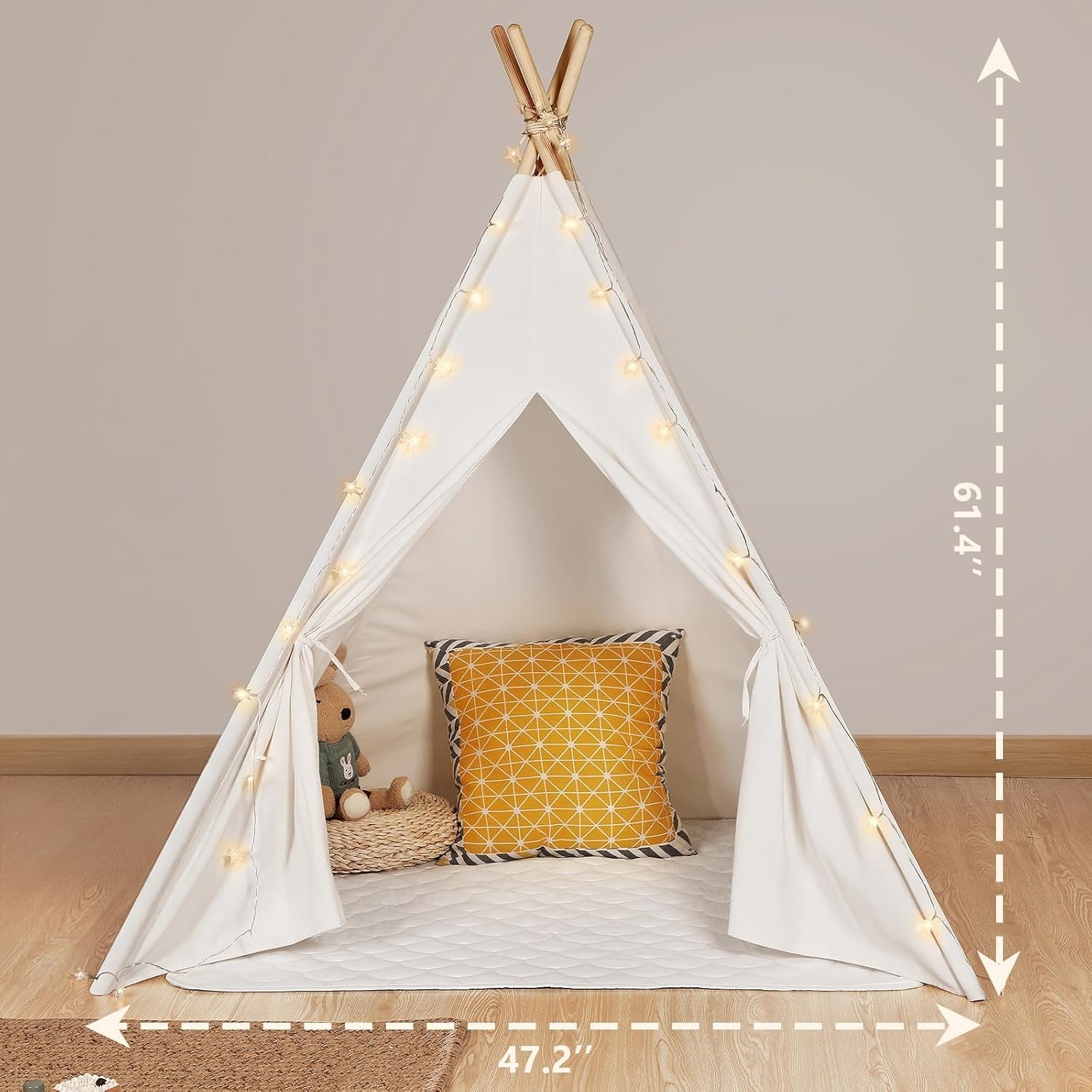 Sumbababy Teepee Tent for Kids, Cotton Canvas Indoor Play Tent, Foldable Toddler Sleepover Tents for Girls & Boys Slumber Party, Washable Gift Set with Star Lights, Banner & Carry Bag