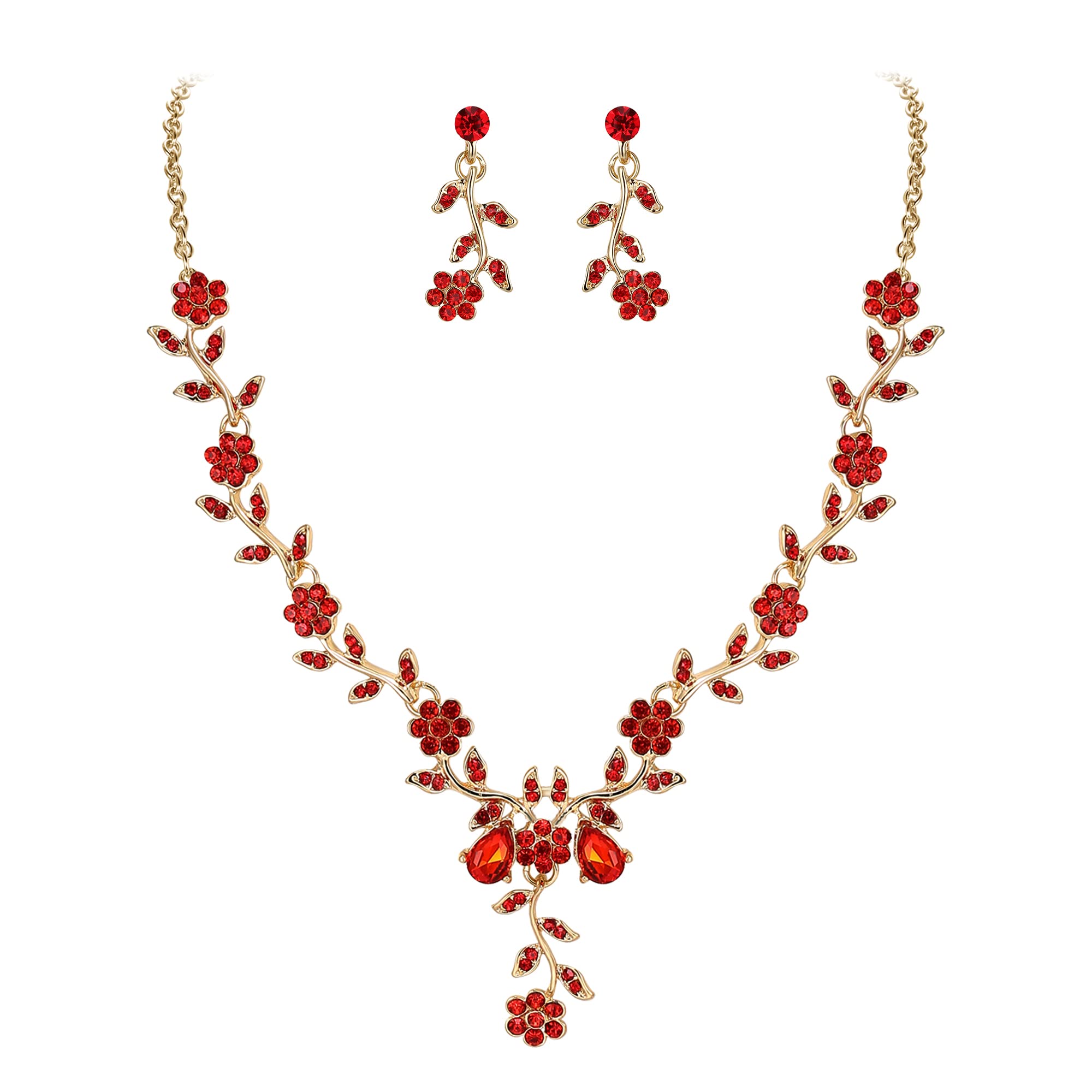 BriLove Women's Wedding Jewelry Leaf Cluster Flower Crystal Dangle Earrings Pendant Necklace Set for Bridal