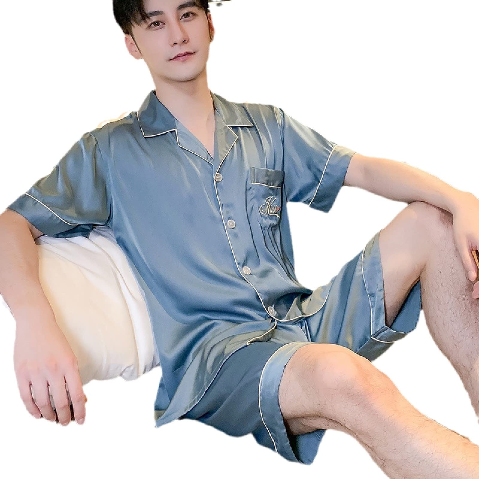 DELIGUO Satin Pijamas Set Para Hombre - Traje De Dormir Sencillo Informal De Talla Grande Fino De Seda Helada De Manga Corta De Verano, Ropa De Dormir Con Solapa Abotonada, Regalo Para El Día Del Padre