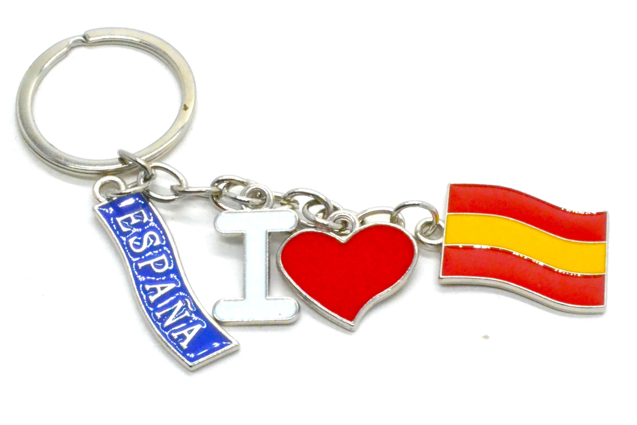 Wonderful Unisex Silver I Love Spain Keychain Spanish Flag Patriotic Design With Heart Enamelled Metal Love Spain Lucky Charms, S