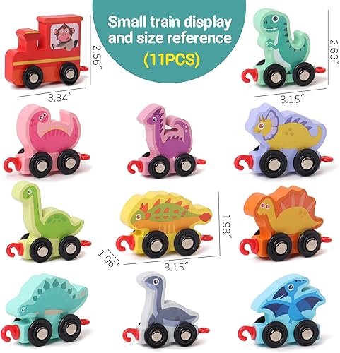 Miniatura 6 de BESTAMTOY Juguetes de tren de números de dinosaurio coloridos de madera, juegos de secuenciación a juego, juego de reconocimiento educativo de