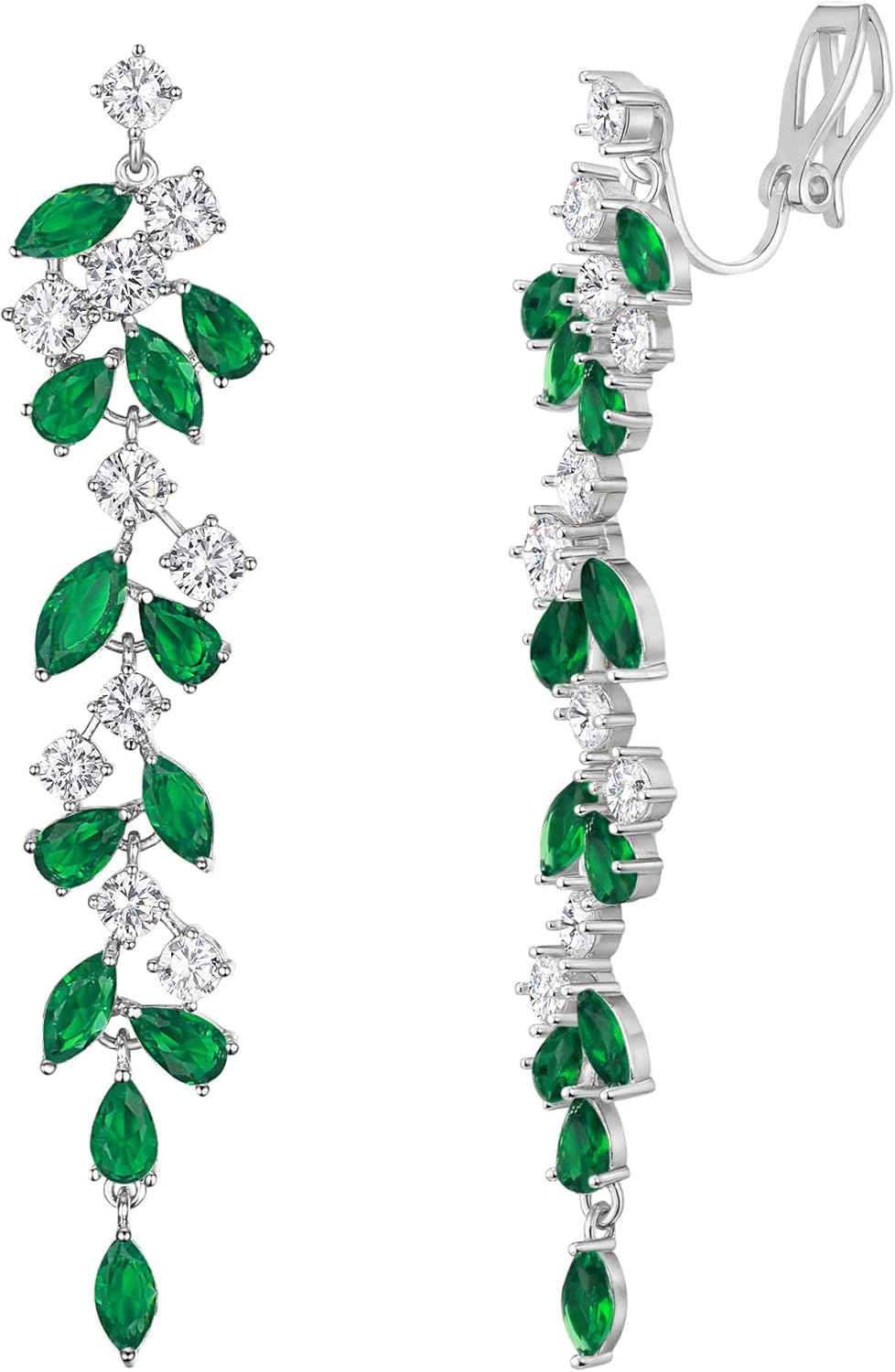 Crysdue Clip On Wedding Earrings for Brides Women Bridesmaid, Marquise Cubic Zirconia Drop Long Dangle Earring Bridal Jewelry for Prom Party Pageant