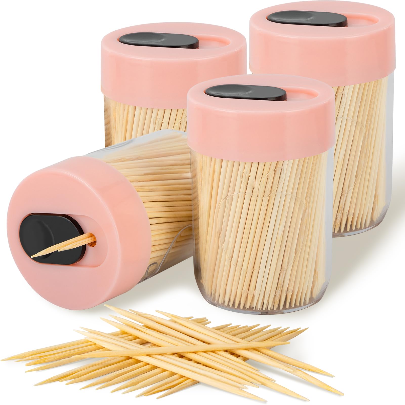 Urbanstrive Sturdy Safe Toothpick Holder with 1600 Natural Wood Toothpicks for Teeth Cleaning, Unique Home Design Decoration, Unusual Gift, 4 Pack, Pink