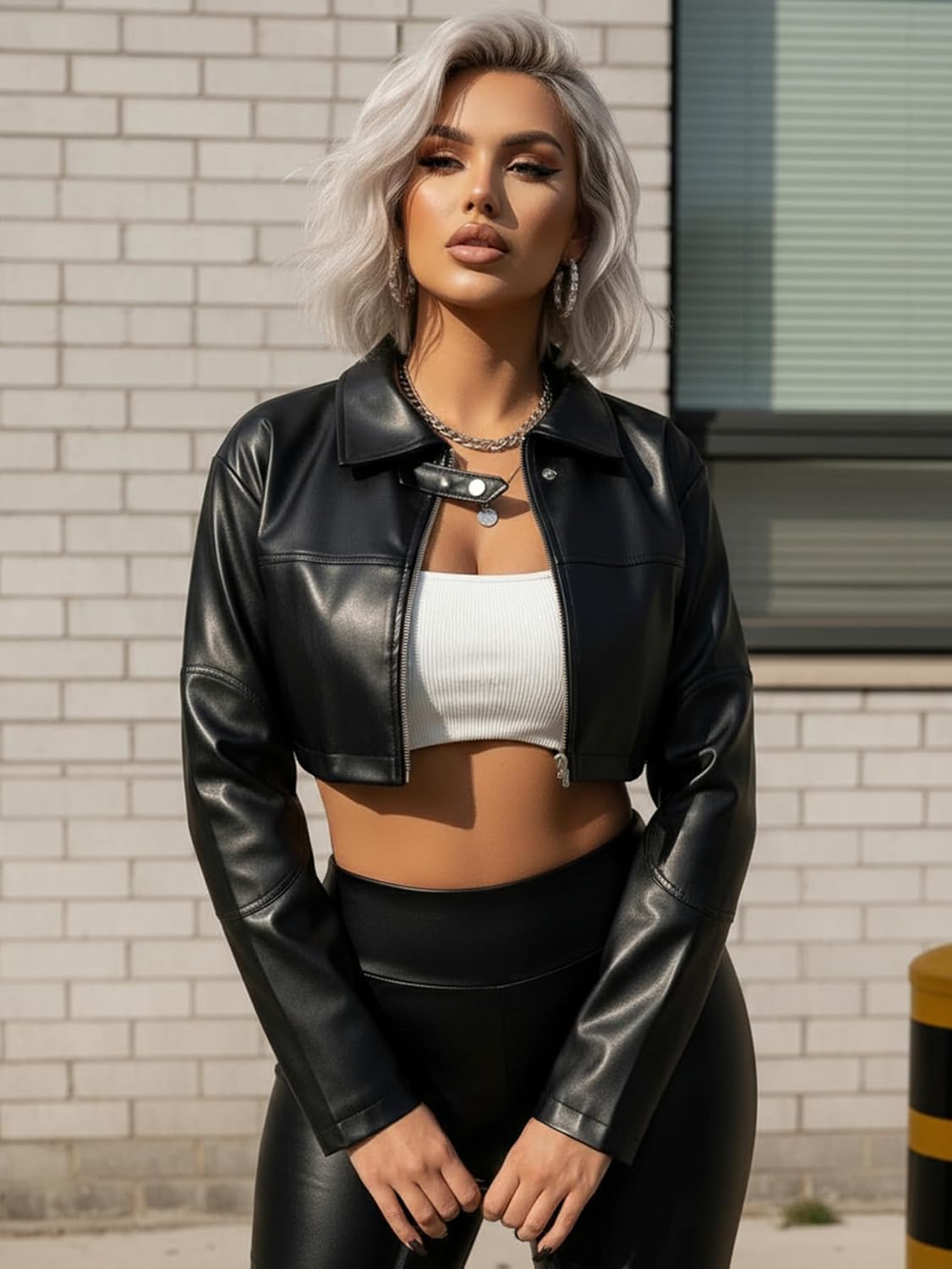 Women's Pu Leather Cropped Motorcycle Jacket Y2k Zip Up Collared Jackets Streetwear - Image 5