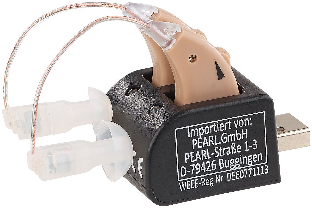Newgen Medicals Hörverstärker für Senioren: HDO-Hörverstärker-Paar HV-340 mit Ex-Hörer; Akku & USB-Ladeschale (Hörgeräte mit Akku, Ohrhörverstärker, Hör)