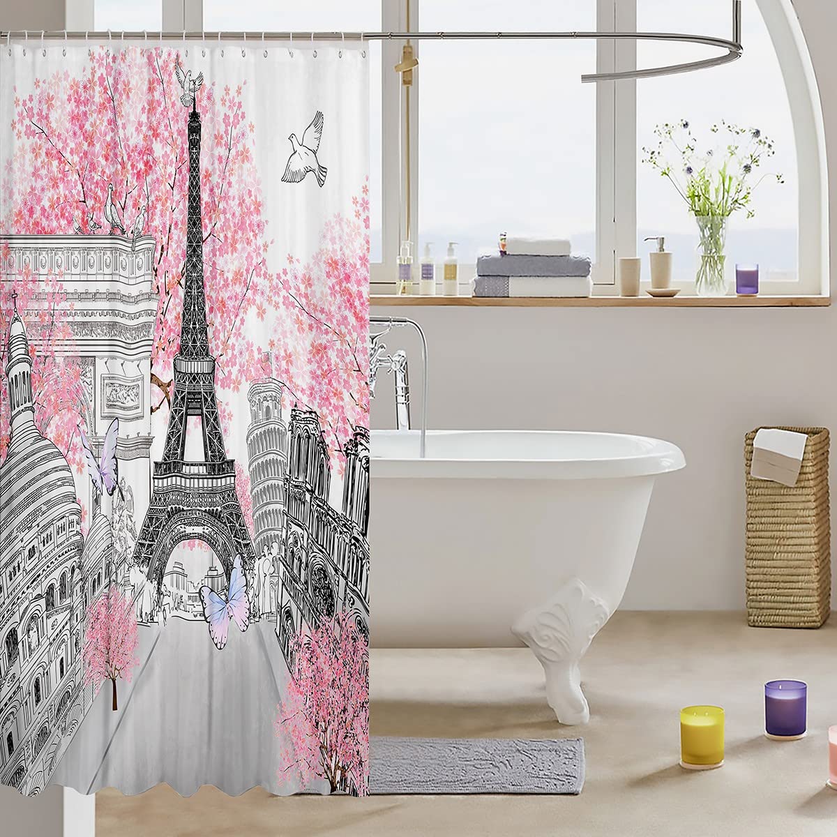 Paris Eiffel Tower Shower Curtain – Pink Floral Butterfly Cherry Blossom Bathroom Decor With Hooks