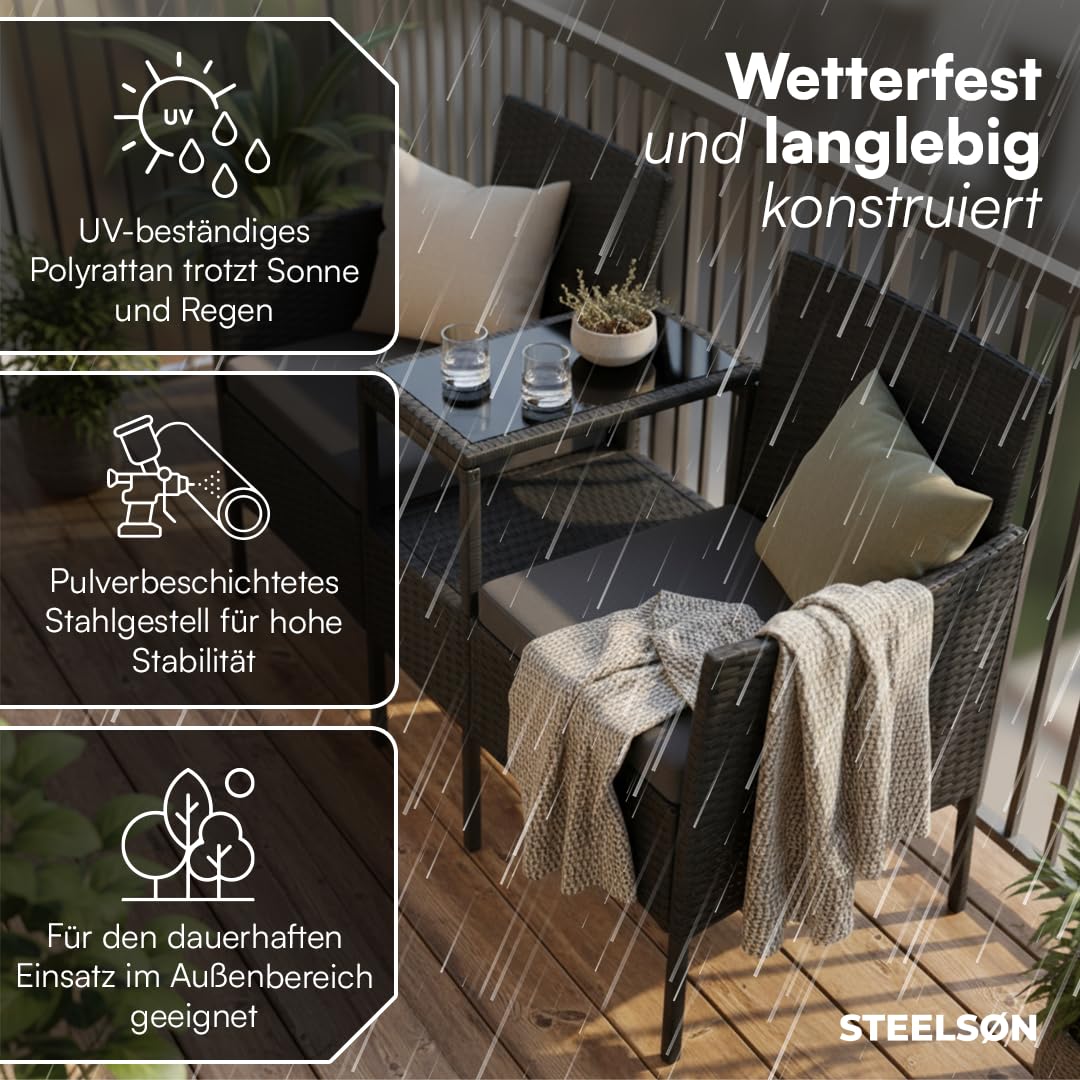 STEELSØN Velara Gartenbank mit integrierten Tisch – Rattan 2er Sitzbank Schwarz inkl. Kissen – Balkonmöbel wetterfest – Terrassen Sitzgruppe bis 320kg – Balkonbank Glas Ablage – Gartensofa
