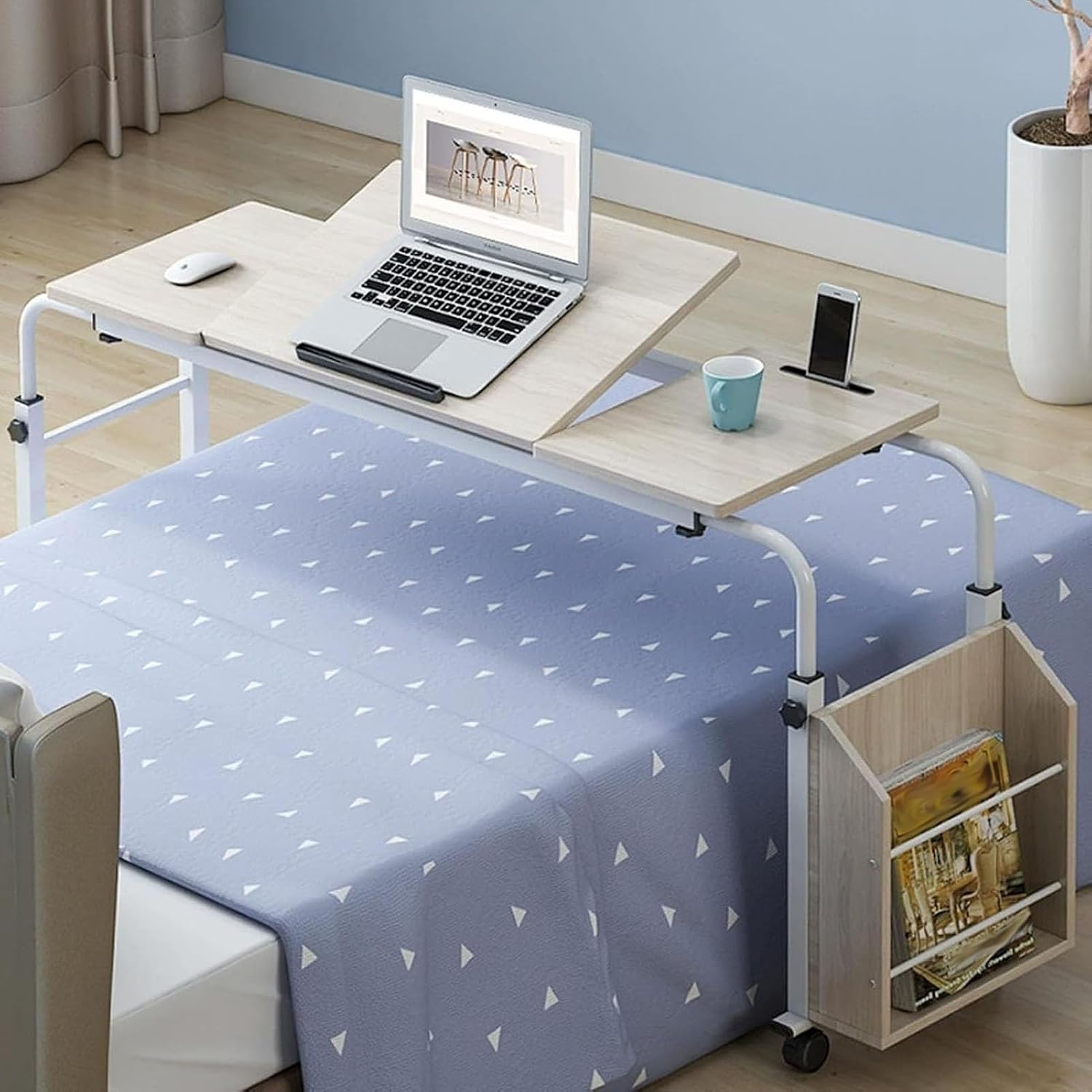 JKGHK Adjustable Height/Length Overbed Table with Wheels, 360° Rotating Rolling Desk with Storage and Tiltable Top, Cross-Bed Laptop Workstation for Home, Bedroom(White Maple,120cm/47.2in)