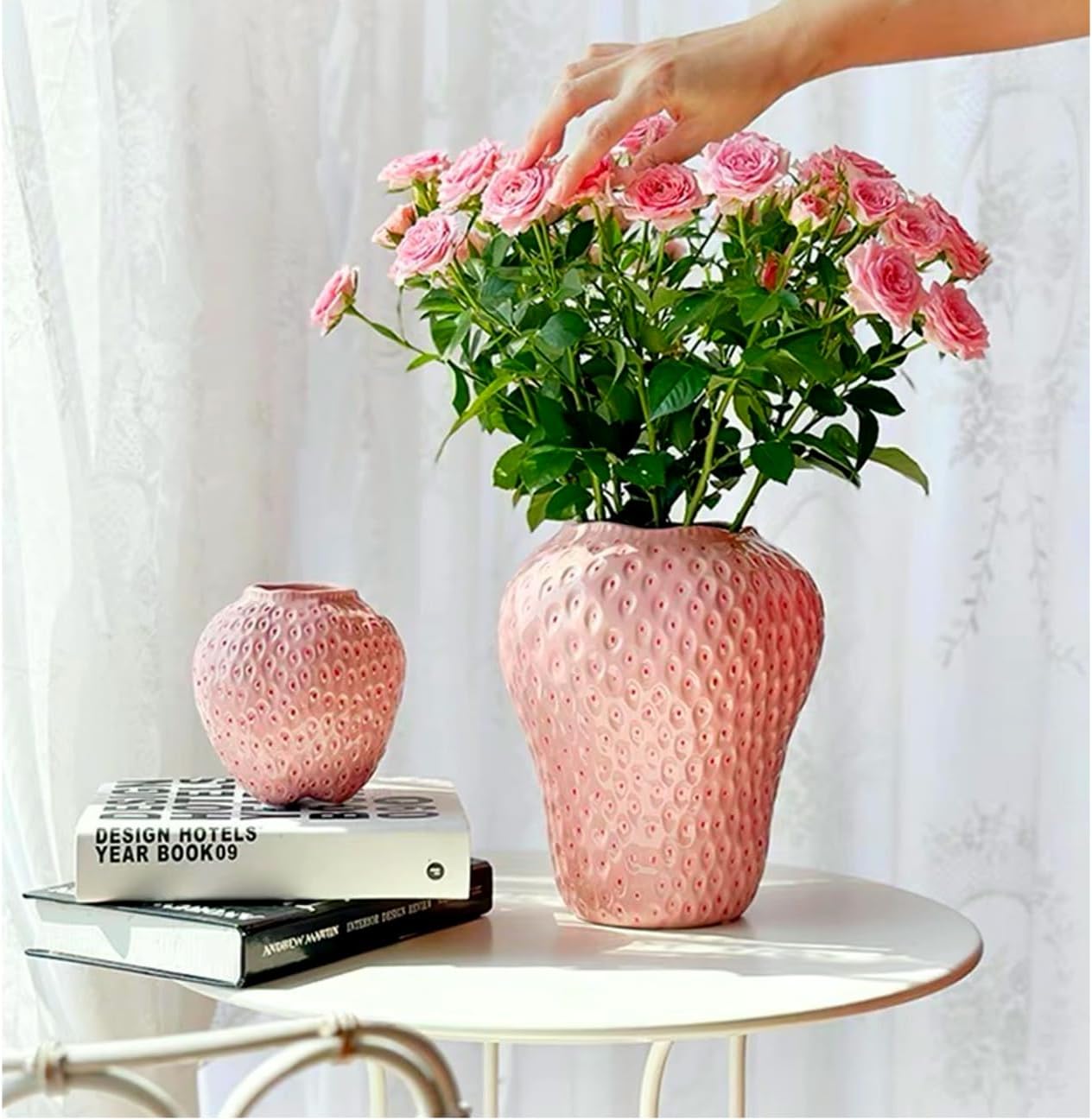 Strawberry vase Ceramic Decoration high Appearance Level Advanced hydroponic vase with Large Insert (Pink, Big)