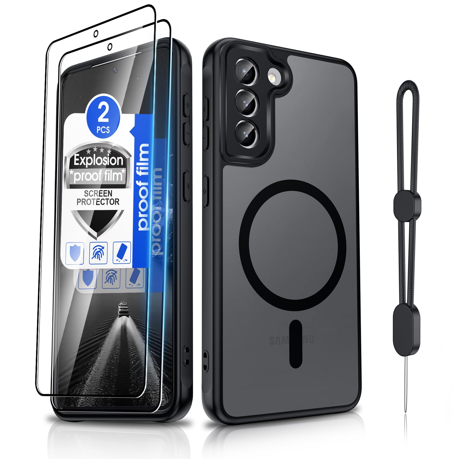 Dizn Magnetic for Samsung Galaxy S21 Plus Case:[Compatible with MagSafe], with Explosion-Proof film,Strap,Matte Translucent Case,Military Grade Shockproof Protective for 6.7-Inch Samsung S21+ 5G,Black