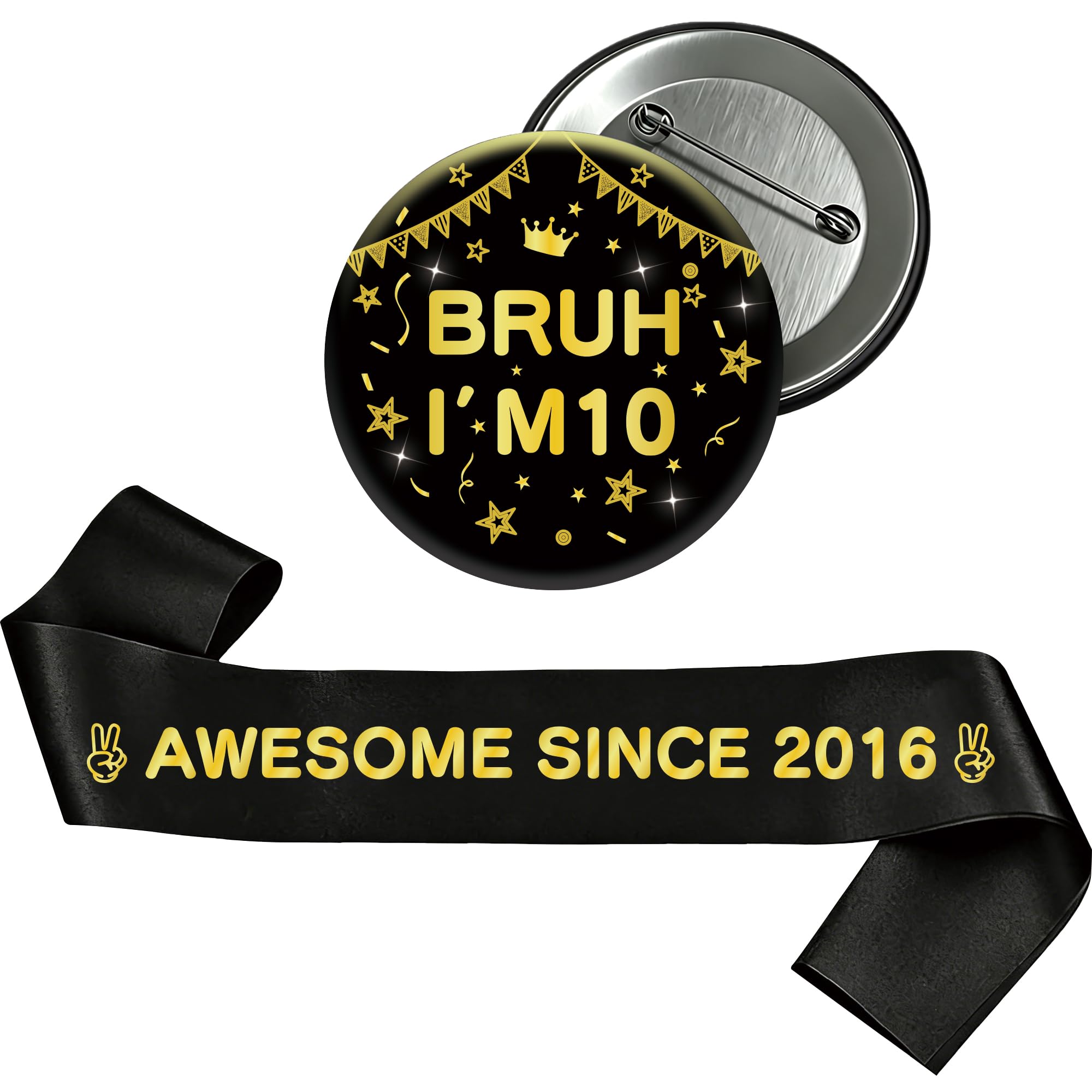 Yiiyyuuko 10th Birthday Decorations Badge Sash - Black Gold Vintage Awesome Since 2016 Sash and Badge Accessory Gift for Boys Girls 10 Year Old Retro Theme Happy Birthday Party Supplies