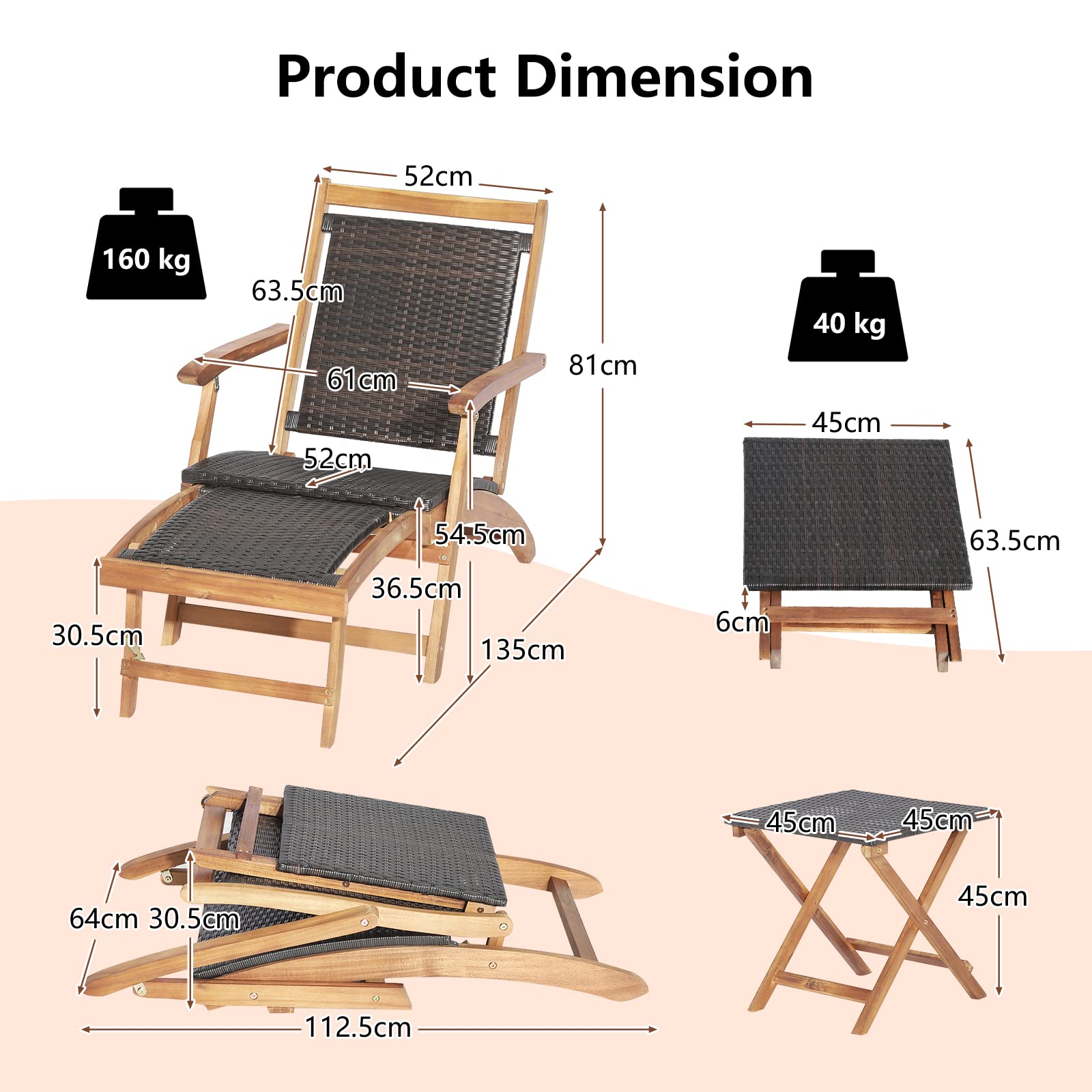 GIANTEX Juego de Tumbonas de Patio, Tumbona Plegable de Exterior de Madera con Mesa Auxiliar, Asiento y Tablero de Ratán con Reposabrazos y Otomana Retráctil para Patio, Piscina