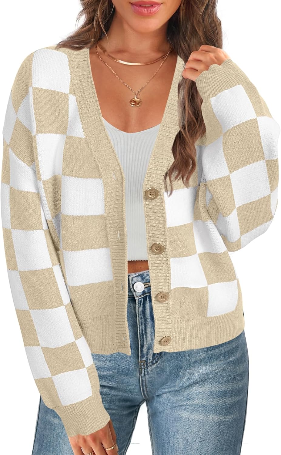 MEROKEETY Women’s Cropped Cardigan Sweater Plaid Long Sleeve Button V Neck Open Front Knit Outerwear
