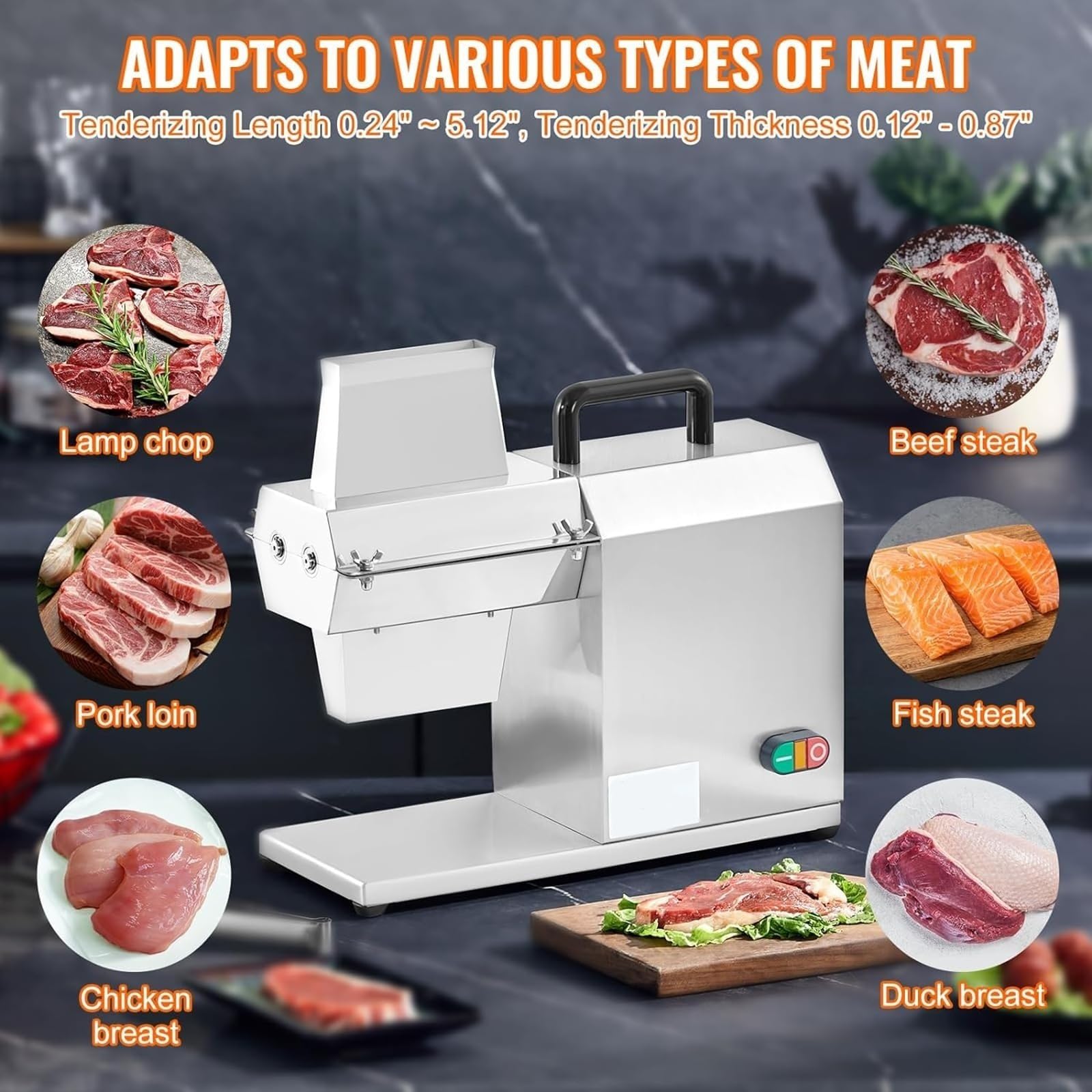 Ablandador de carne resistente de 450 W, acero inoxidable, ideal para carne de res, pavo, pollo, cordero, cerdo y otras carnes, herramienta de cocina de calidad comercial
