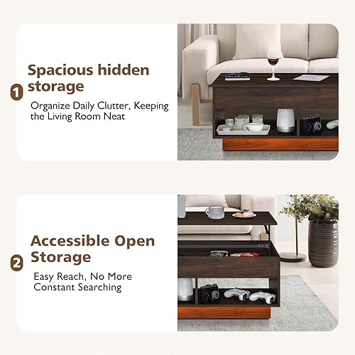 Miniatura 49 de HOMMPA Morden - Mesa de centro elevable de 40 pulgadas con almacenamiento, mesa de centro LED de alto brillo, mesa de té moderna de 3 niveles con