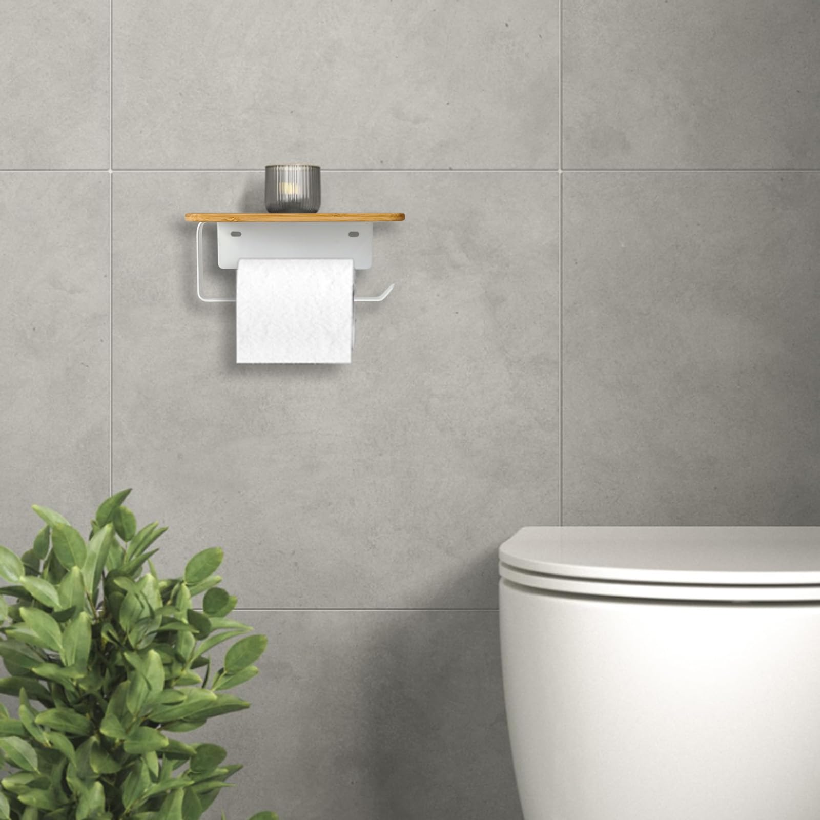 Porte Rouleau Papier Toilette Adhesif sans Percage Derouleur WC Murale avec Étagère en Bambou 2 en 1 Support Papier Toilette Mural avec Perçage Blanc