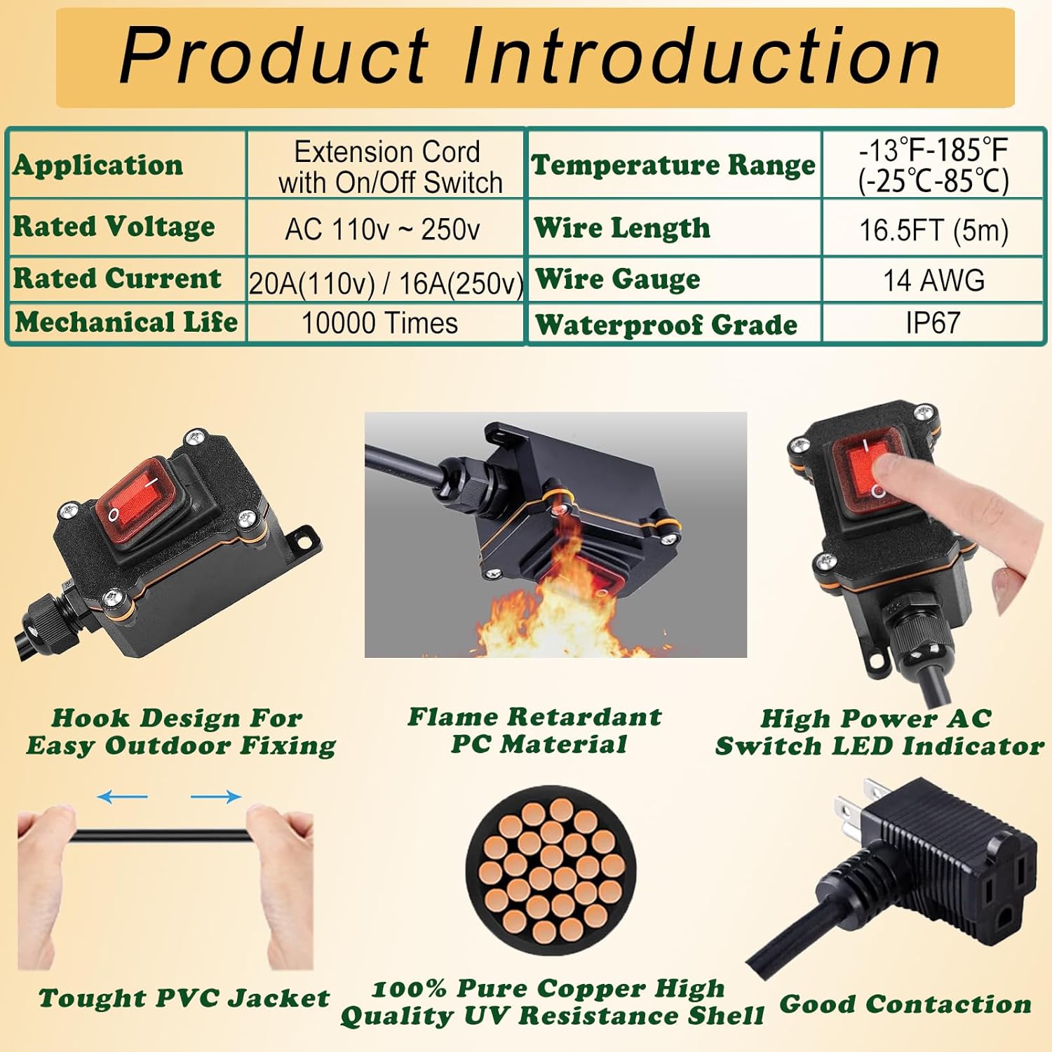 Inline Cord Switch with 16.5ft 14AWG Cable Piggyback Plug(3-Pronged), IP67 Waterproof Switched Extension Cord, AC/DC 20A-125V, 16A-250V Inline Power Switch (16.5FT)