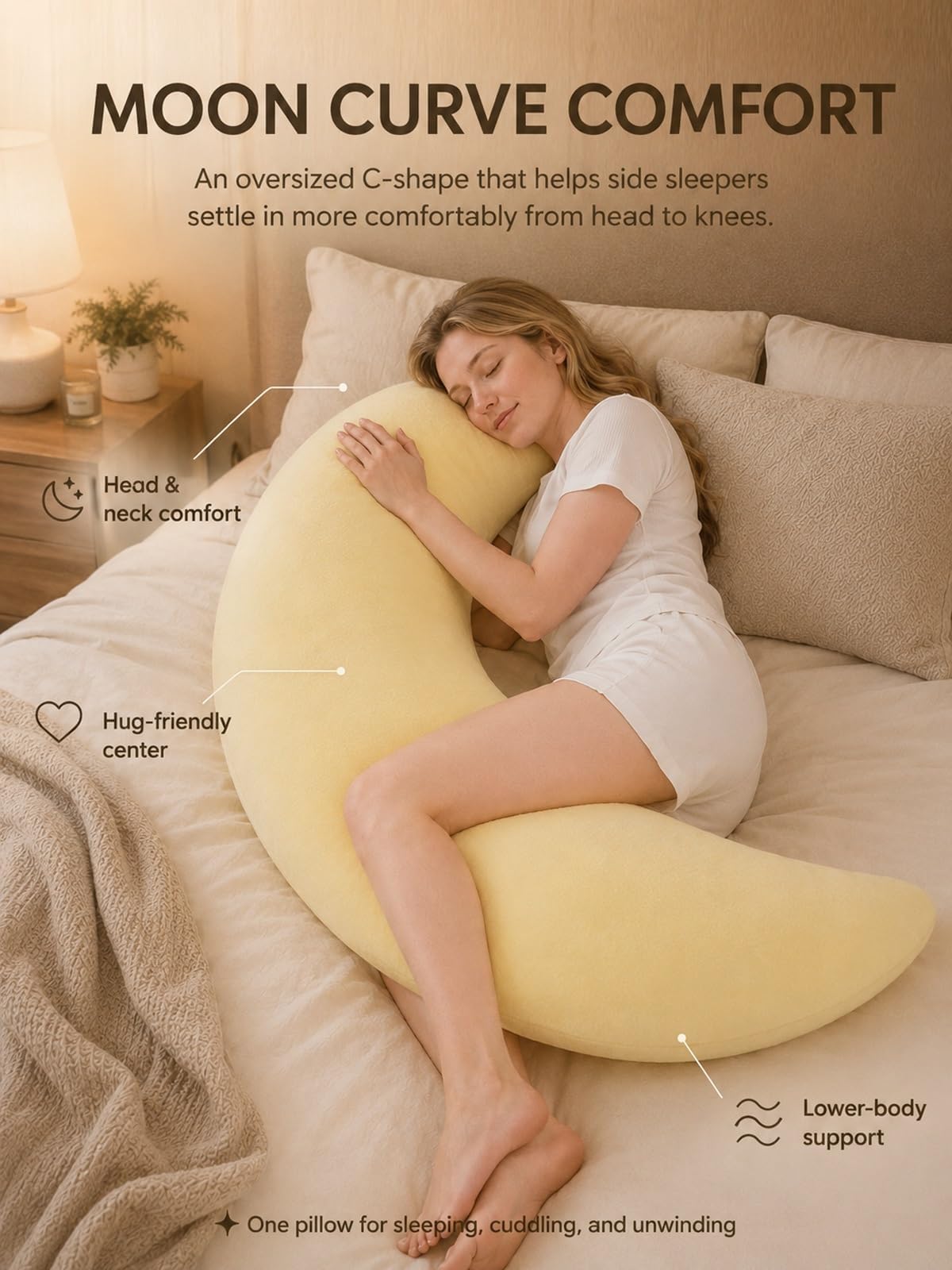 Generico Cuscino per il Corpo, Cuscino Gigante a Forma di Luna per Chi Dorme sul Fianco,Morbido Guanciale Body Per Diurno Notturno Sonno Dormitorio Divano Camera Casa