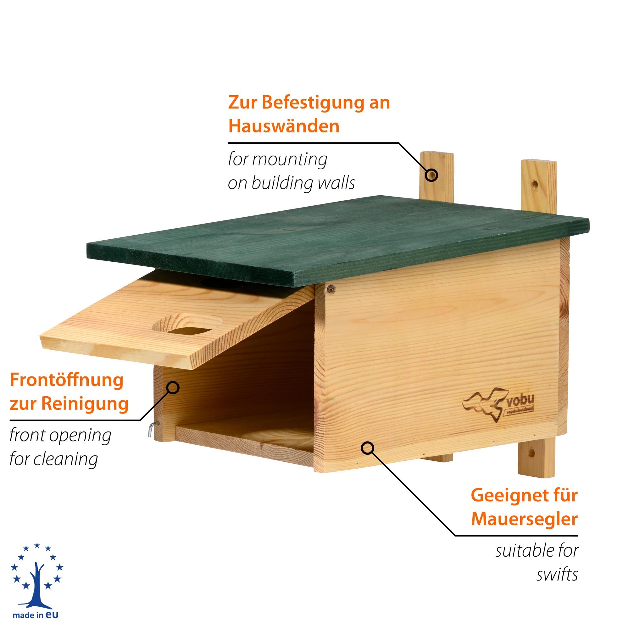 dobar VOBU Nistkasten aus Holz für Mauersegler - Höhlen-Nistkasten mit Ø 64 x 32 mm Einflugloch - Grün