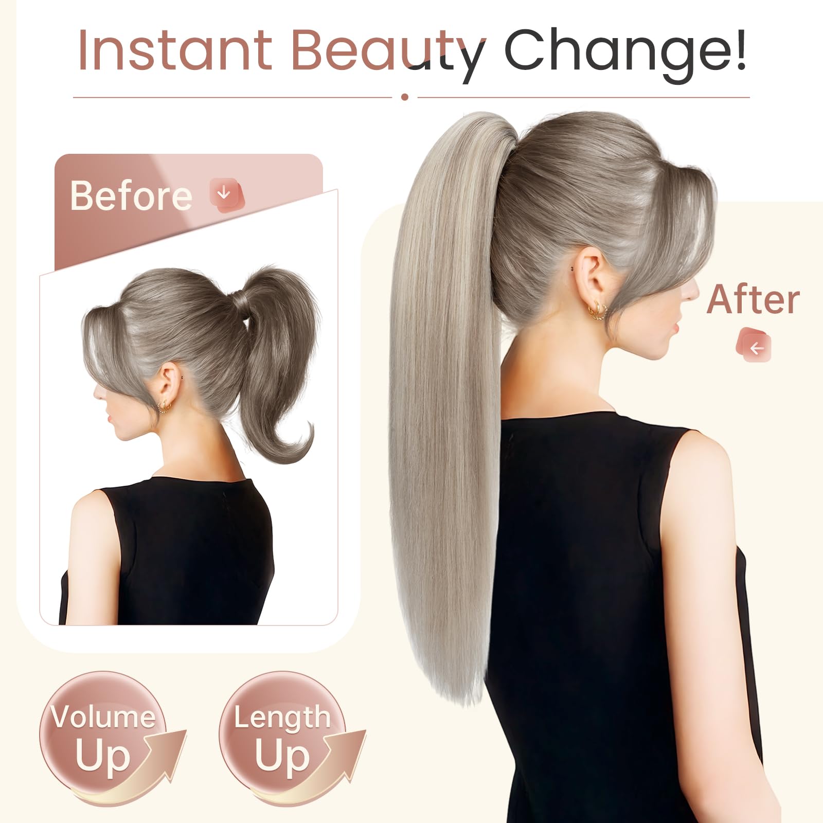 Elailite Claw on Ponytail Extension Real Human Hair Clip Natural HairPiece Straight (#18Y/613 Ash Blonde Mix Bleach Blonde, 20 Inch) - Image 2