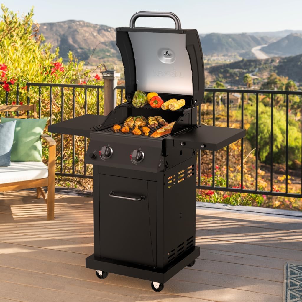 Nexgrill 2-Burner Gas Grill on a patio with side tables extended