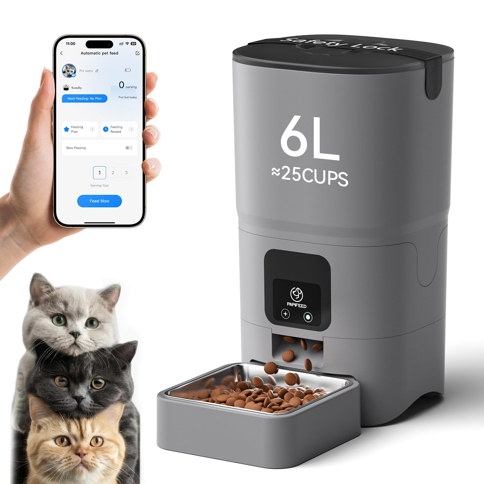 PAPIFEED Automatic Cat Feeder Upgrade, WiFi Pet Feeder with APP Control for Remote Feeding, Detachable for Easy Clean, Dual Power Supply,1-10 Meals Per Day for Multiple Pets(Gray)