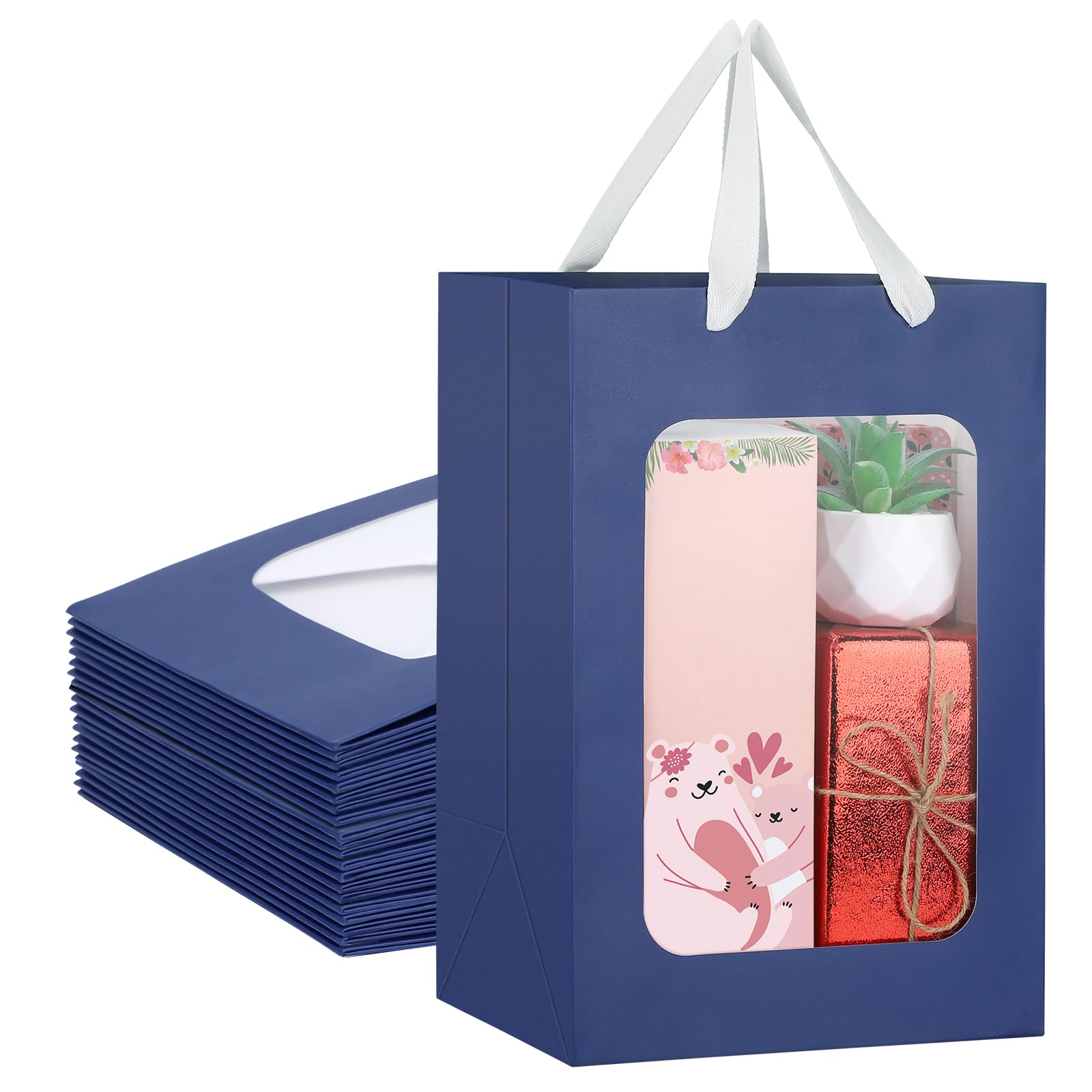 EUSOAR Gift Bags with Transparent Window, 20pcs 7.9"x6.3"x11.8" Kraft Paper Shopping Bags, Boutiques Retail Stores Flower Wrapping Bag Birthday