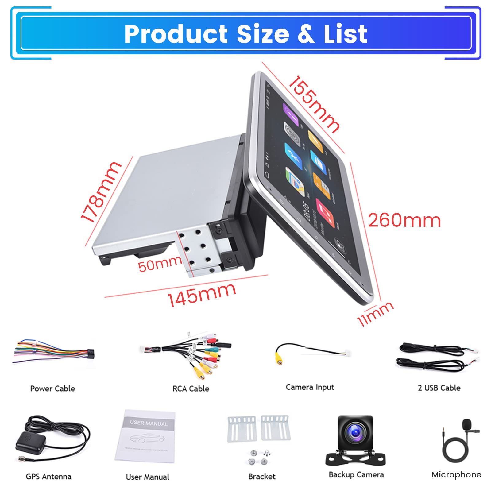 DAB+ 10'' 1DIN Android 13 Autoradio GPS Navi BT WiFi Drehbarer