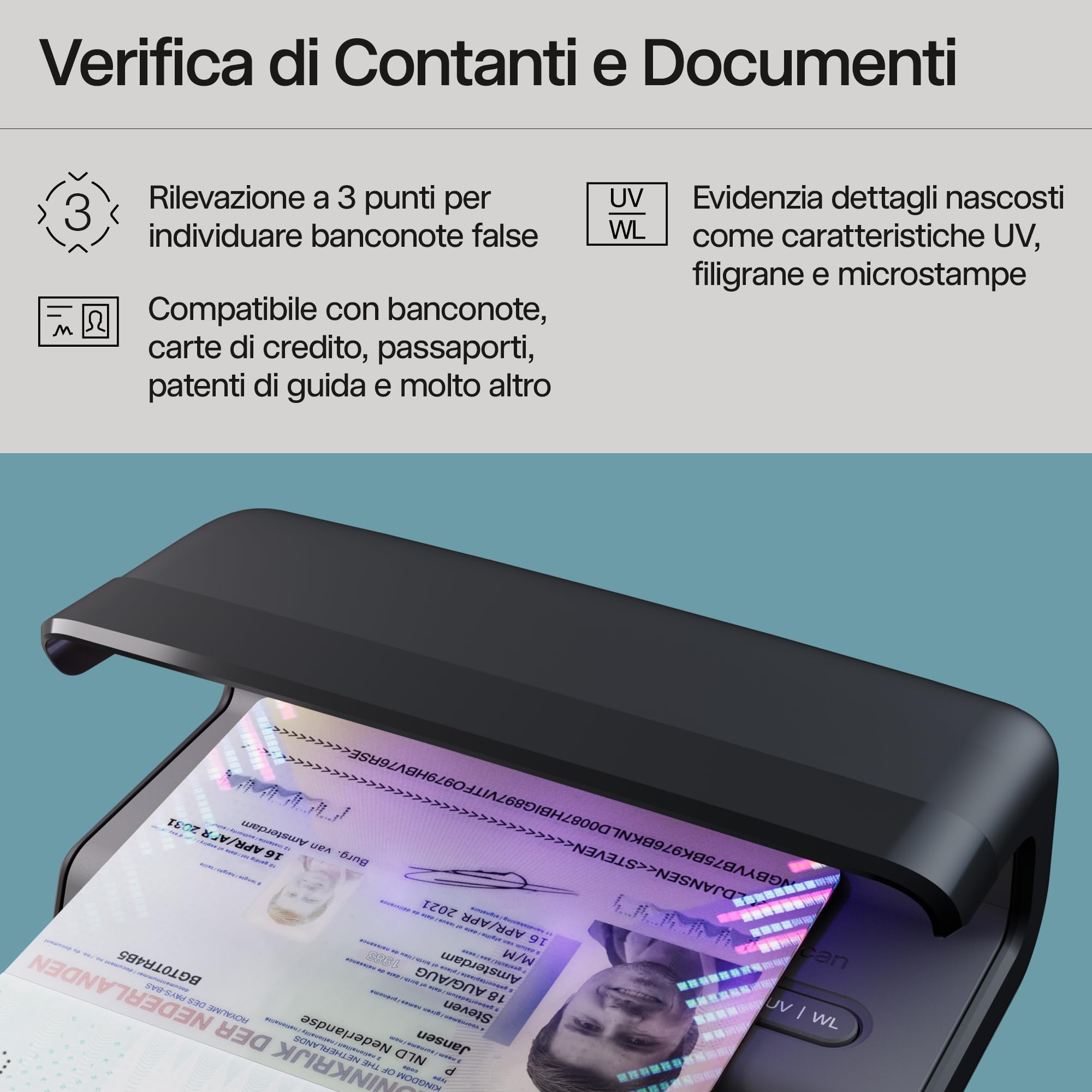 Safescan 75 LED Verifica banconote false con luce UV ultra-luminosa e bianca - Controlla banconote false, carte di credito, documenti d'identità - Tripla rilevazione - Controllo banconote false UV
