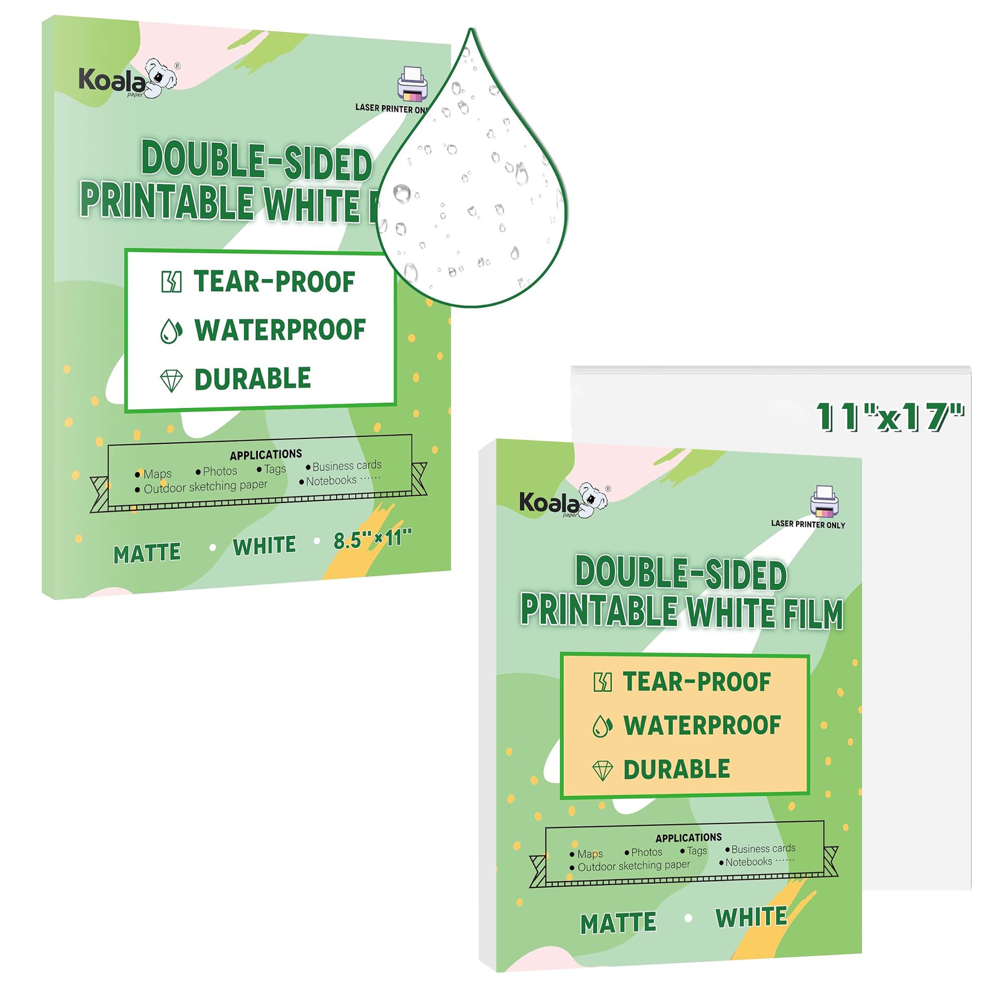 Koala Waterproof Paper for Laser Printer, 11x17 In 25 Sheets and 8.5x11 In 25 Sheets Tearproof Printer Paper, Matte Double Sided Printable White Film For Printing Backpacking Maps Bundle