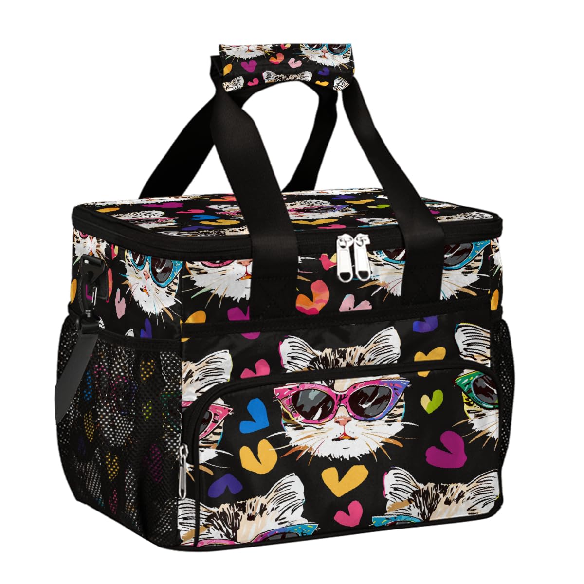 Bolsa térmica grande de camping para picnic, lindo gato divertido con lentes de sol, estilo de dibujos animados, plegable, portátil, bolsa de almuerzo y lonchera para hombres y mujeres, 20 L