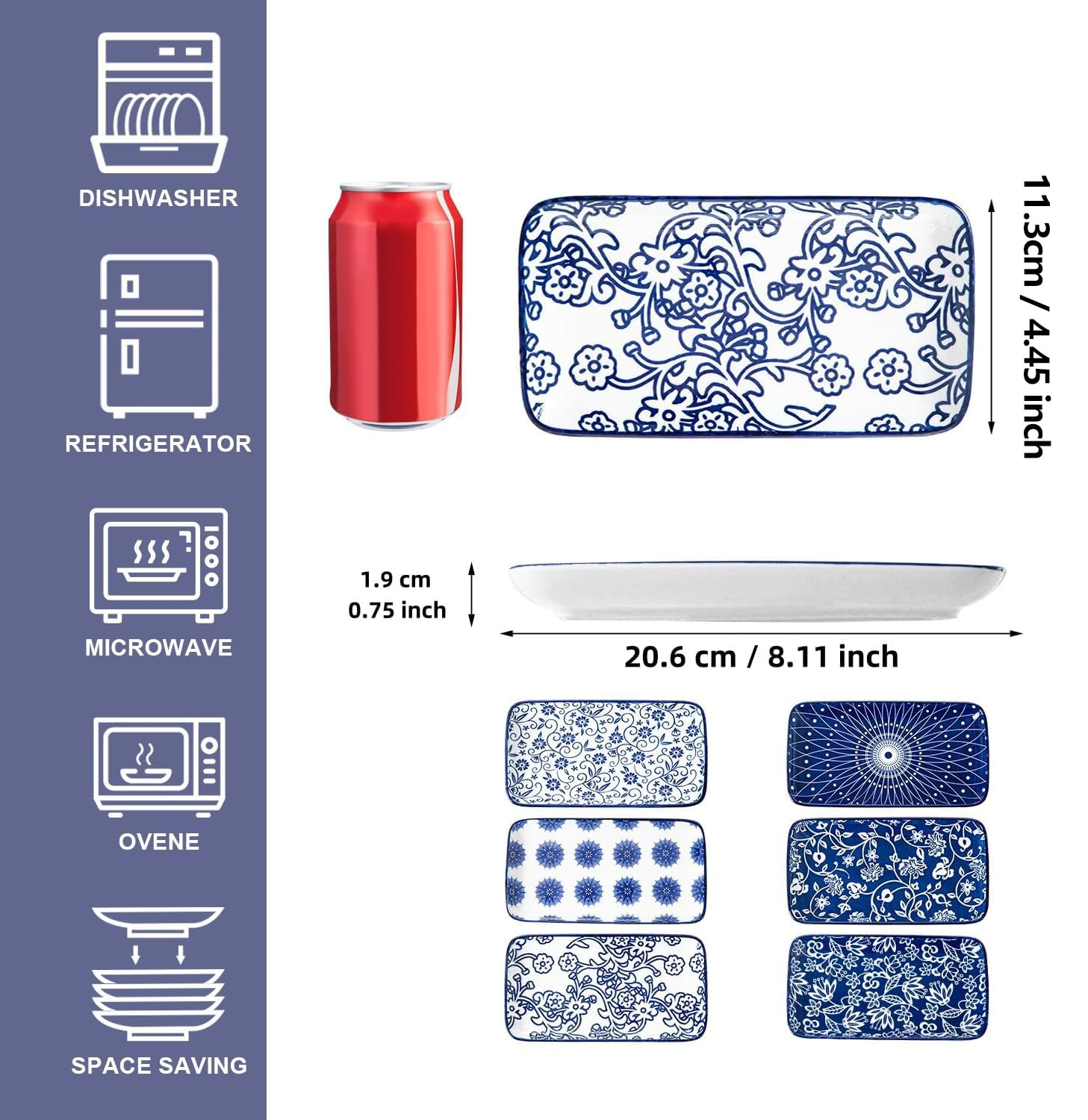 Juego de platos rectangulares para servir – Platos de cerámica de 20×11 cm pulgadas – para ensalada de sushi, postre, pasta, apto para horno, microondas y lavavajillas, juego de 6, multicolor