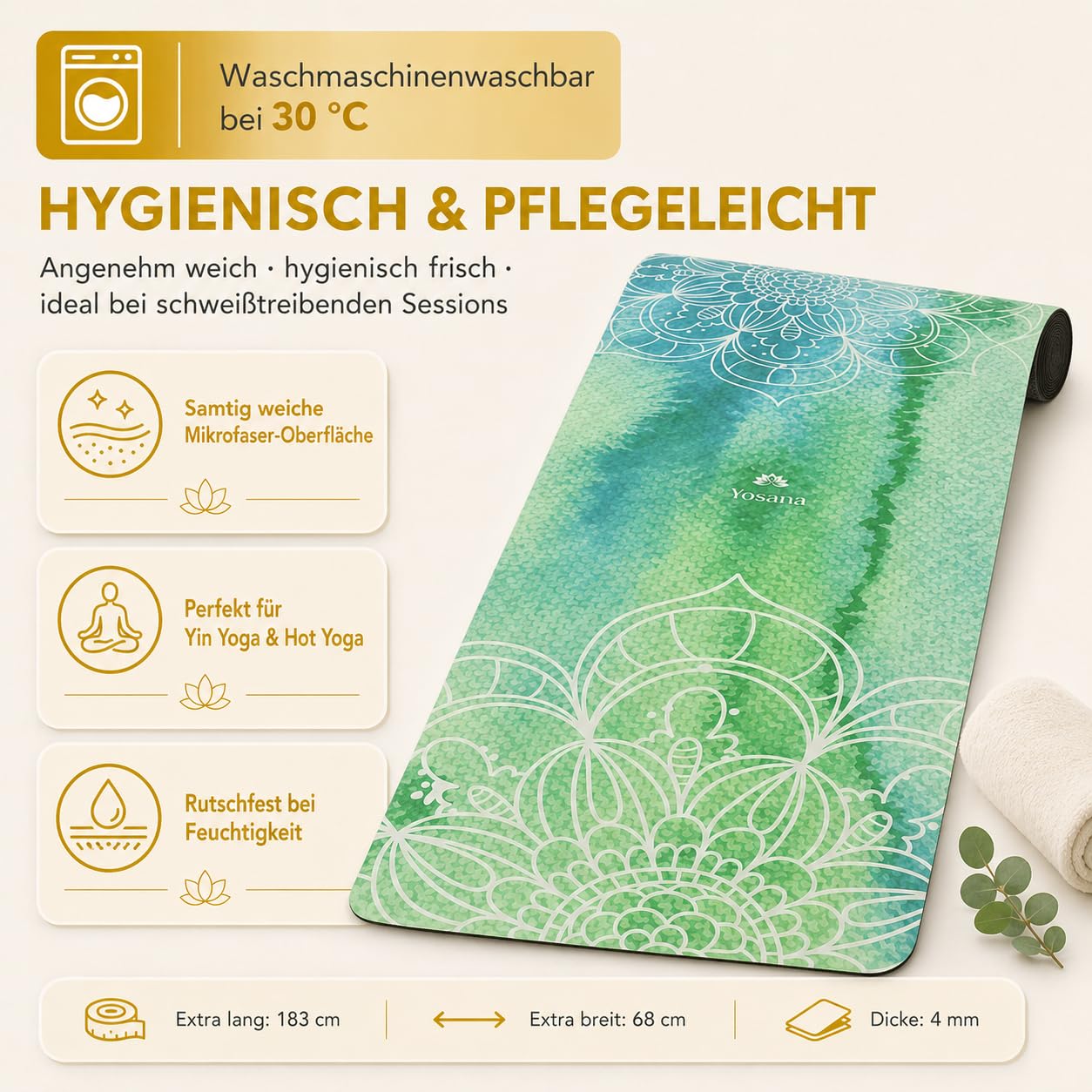 Yogamatte aus Naturkautschuk I Hot Yoga Mikrofaser Matte I Bikram Yogamatte Maschinenwaschbar I Ying Yoga Matte I Yogatuch und Matte in einem I feucht besonders rutschfest I 183 x 68 cm I 4mm