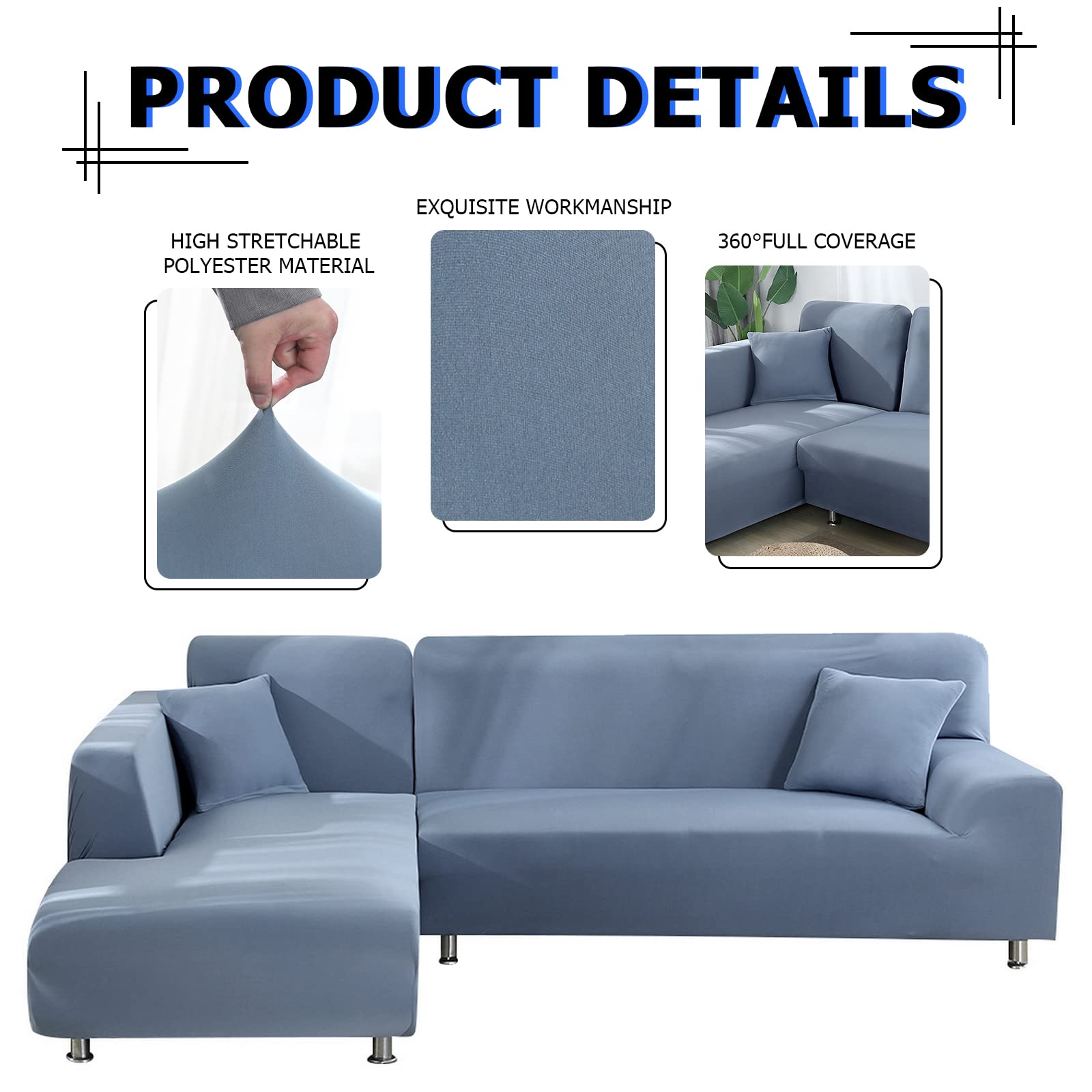 Lydevo Copridivano con Penisola Elasticizzato,Copridivano Angolare a Sinistra/Destra Universale con 2 Federi,Fodere Divano Penisola Forma di L,Chaise Longue Sofa Cover(3 Posti+4 Posti,Grigio Blu)