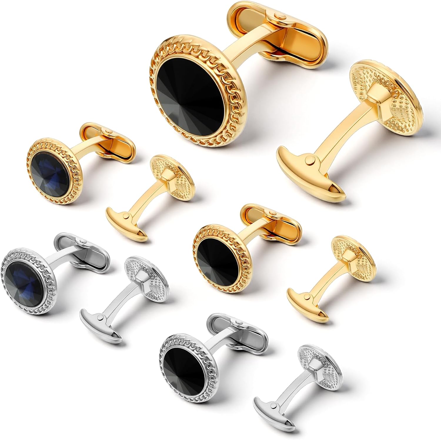YUXIANLB 4 Pairs Men’s Cufflinks Tuxedo Studs Set, Zinc Alloy Zircon Tone | classic business cuff links, wedding suit, shirt disc classic jewelry, accessories gift for groom father anniversary birthday