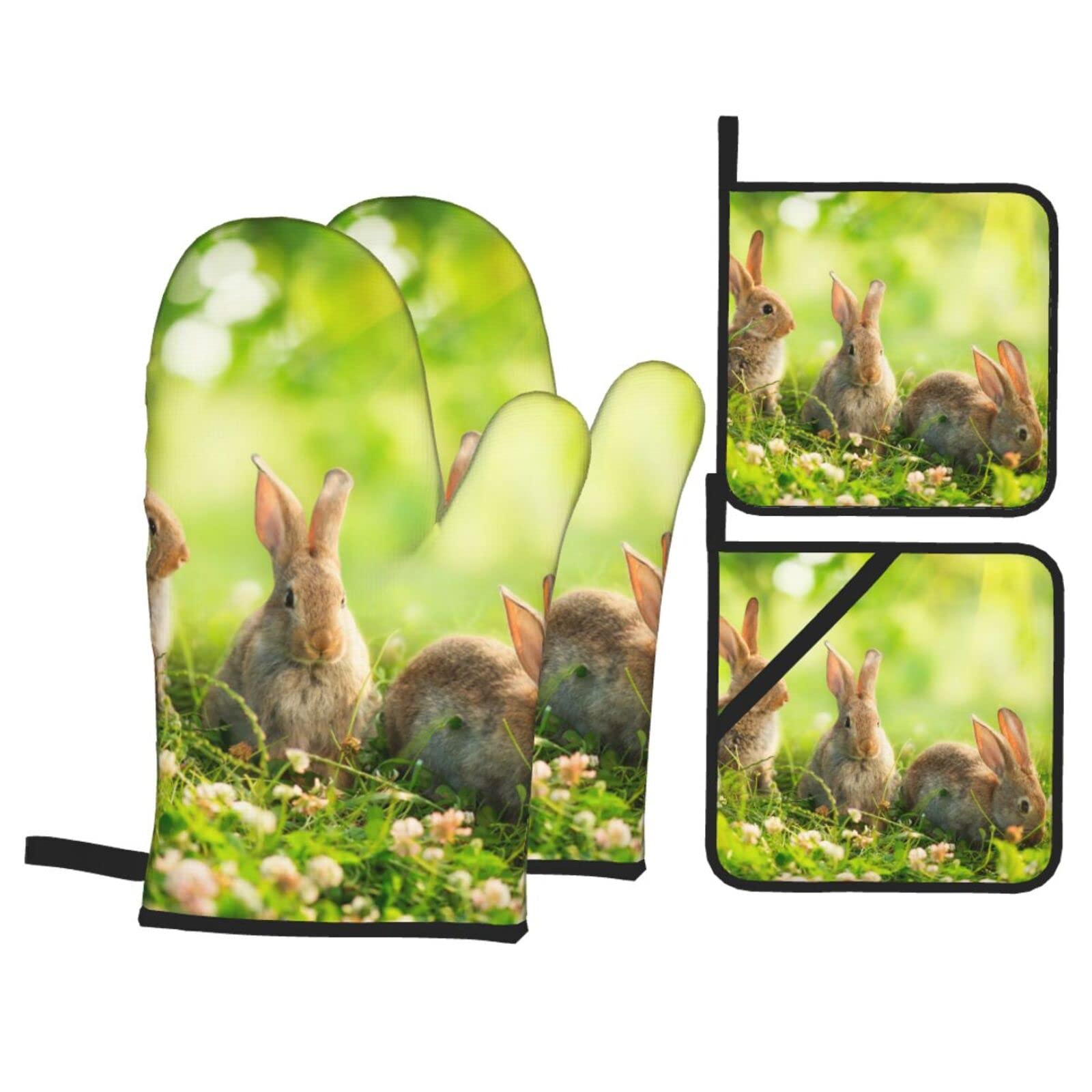 Funny Rabbits Print Kitchen Baking Four Piece Set of Heat Resistant Thick Cotton Oven Mitts for Cooking, Baking and Grilling