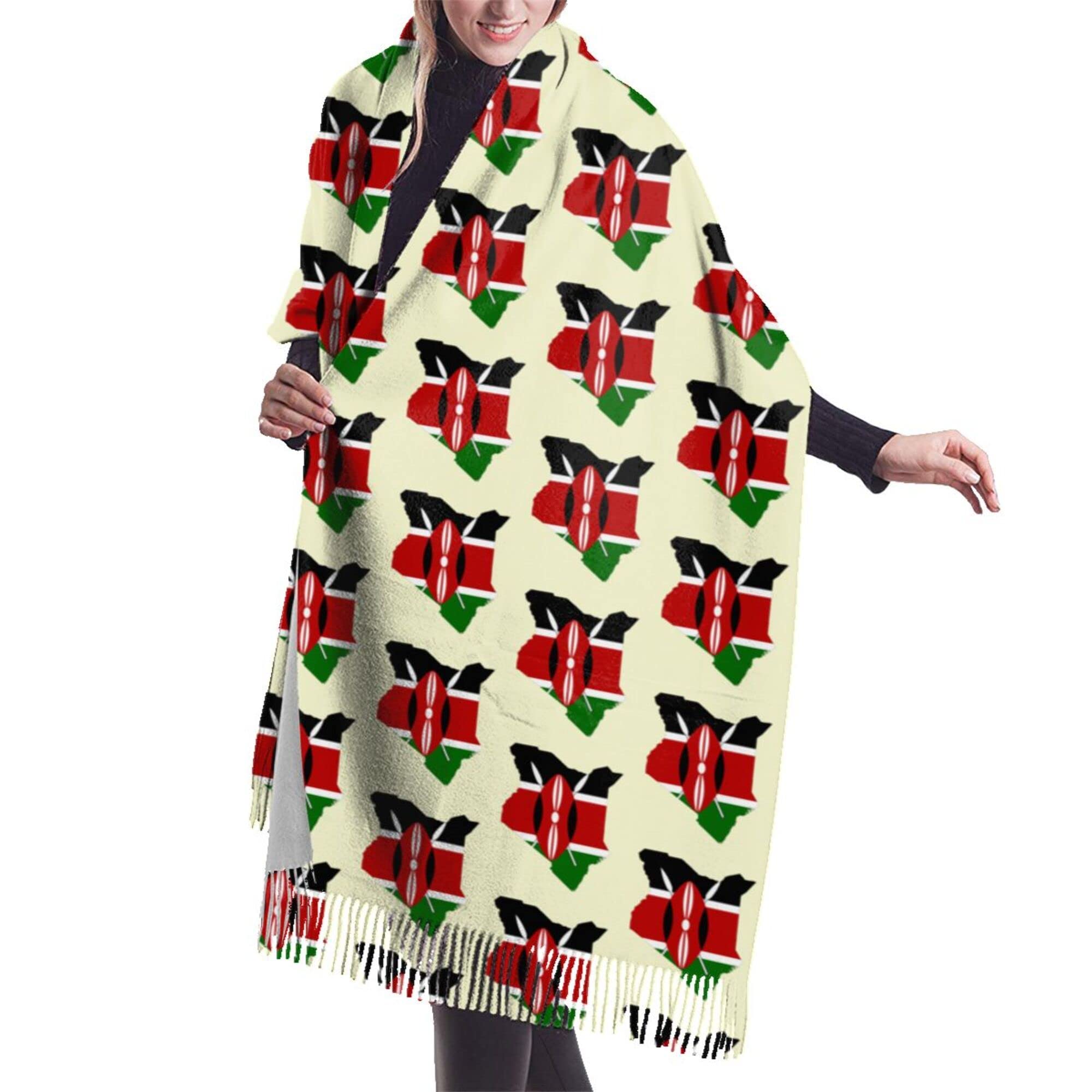 Nlwqekv Unisex As Pic Kenyan Flag Map Womens Winter Scarf Cashmere Feel Shawl Wrap Soft Warm Blanket Scarves Fringe Scarf