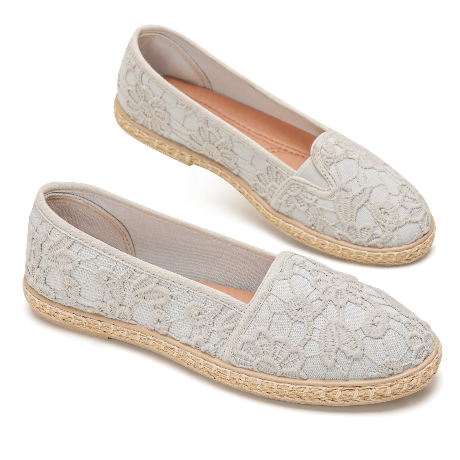 GLAMORA Alpargatas de Encaje con Suela de Esparto, Zapatos Planos Mujer Tipo Bailarinas Manoletinas Cómodas Slip On, Calzado Verano Ligero Transpirable Punta Redonda