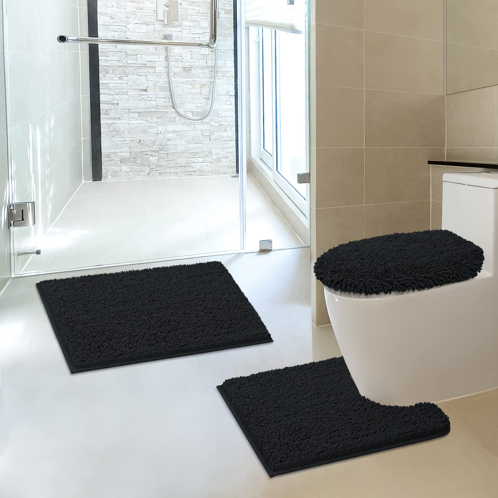 Set di 3 tappeti da bagno in ciniglia, extra morbidi e assorbenti | Tappetino da bagno 50,8 x 81,3 cm + tappetino per WC a forma di U+copricoperchio, nero, antiscivolo, lavabile in lavatrice e