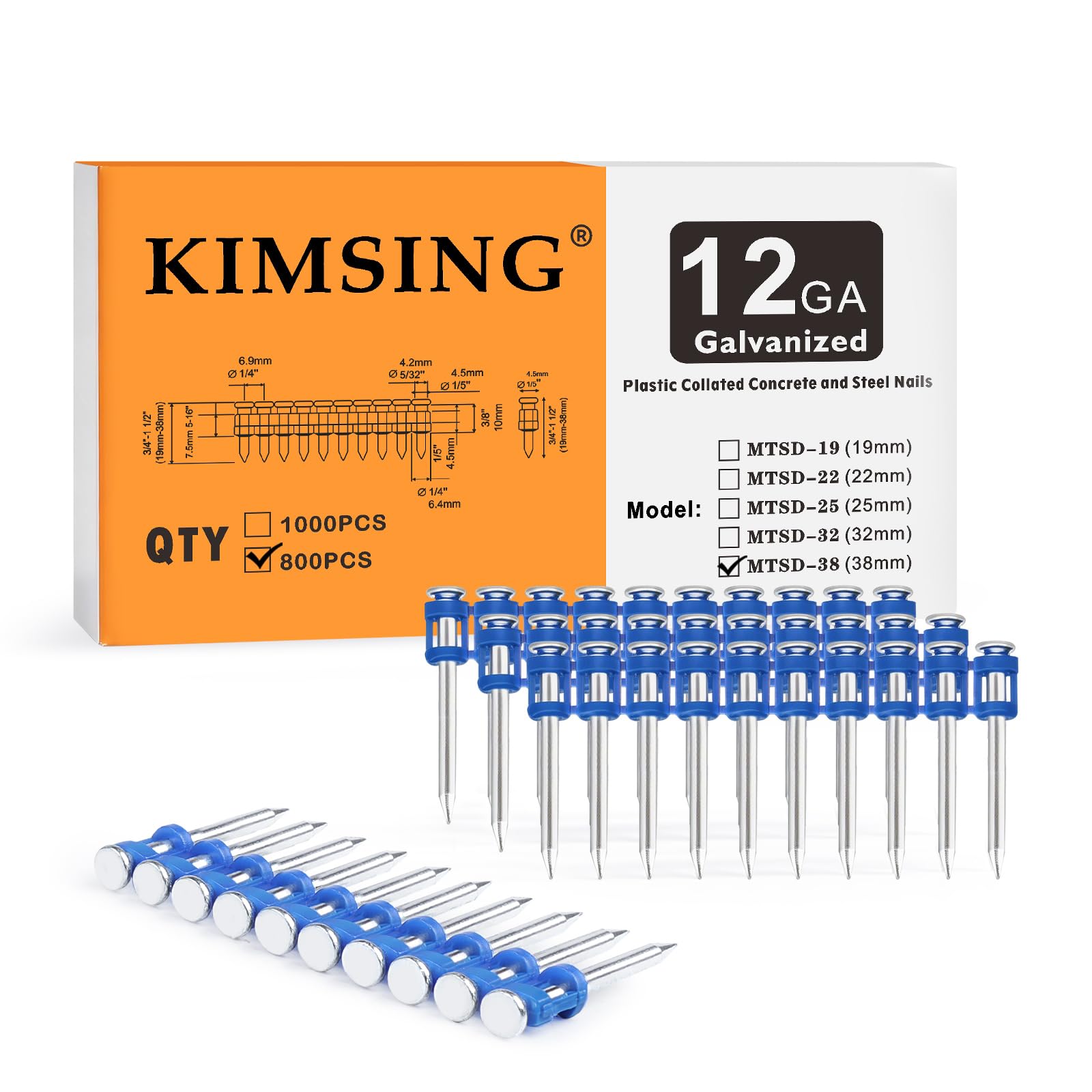 KIMSING MTSD-38 12GA clous pour béton 38mm 1000 pces pour portes | Galvanizado grueso anticorrosión, tira plástica para carga fácil, 38mm, para puertas, ventanas y techos