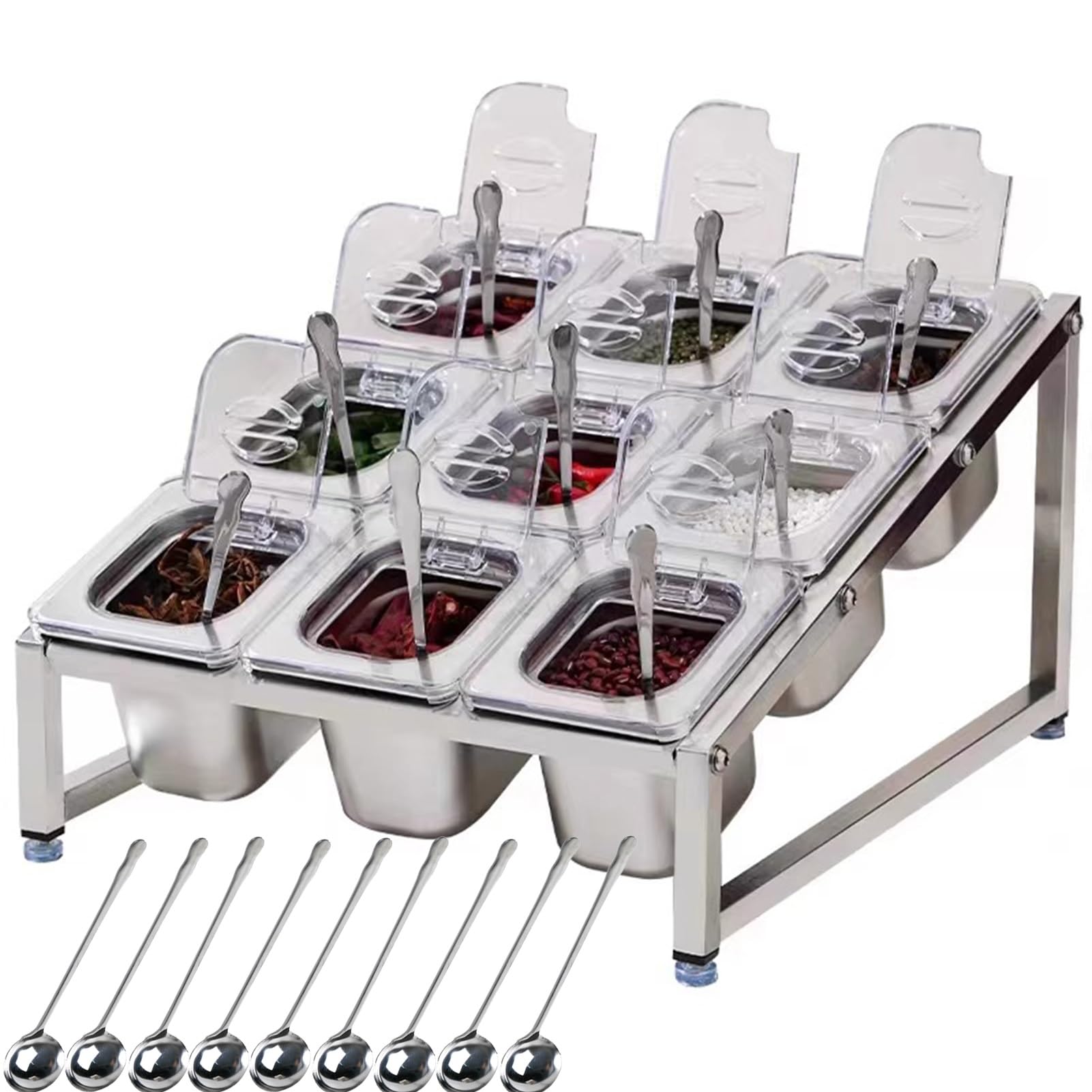 WDSOPK Stainless Steel 304 Spice Racks Shelf With Spoon Set For Buffet, Dining Countertop Standing Organization Seasoning Shelf Jar, Storage Pantry Holder (13.4x15.7x3.9in)
