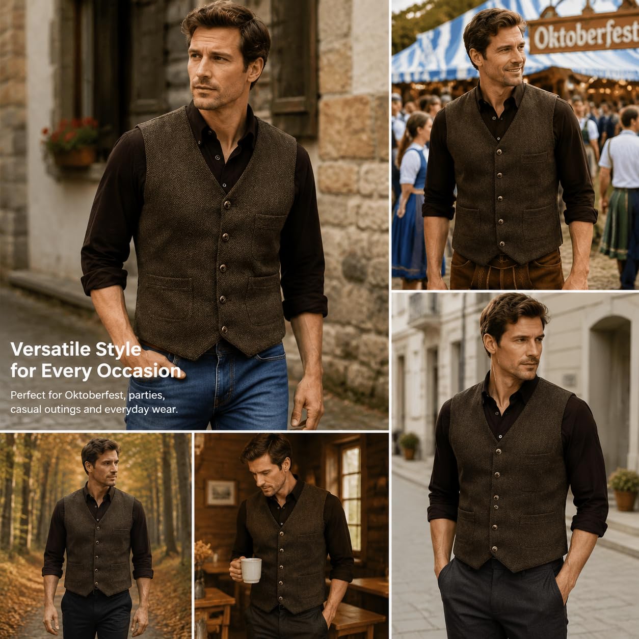Generico Gilet Da Uomo A Spina Di Pesce Con 5 Bottoni, Scollo A V, In Tweed, Con Tasche, Giacca Casual Vintage Senza Maniche Per Matrimoni, Feste E Oktoberfest.