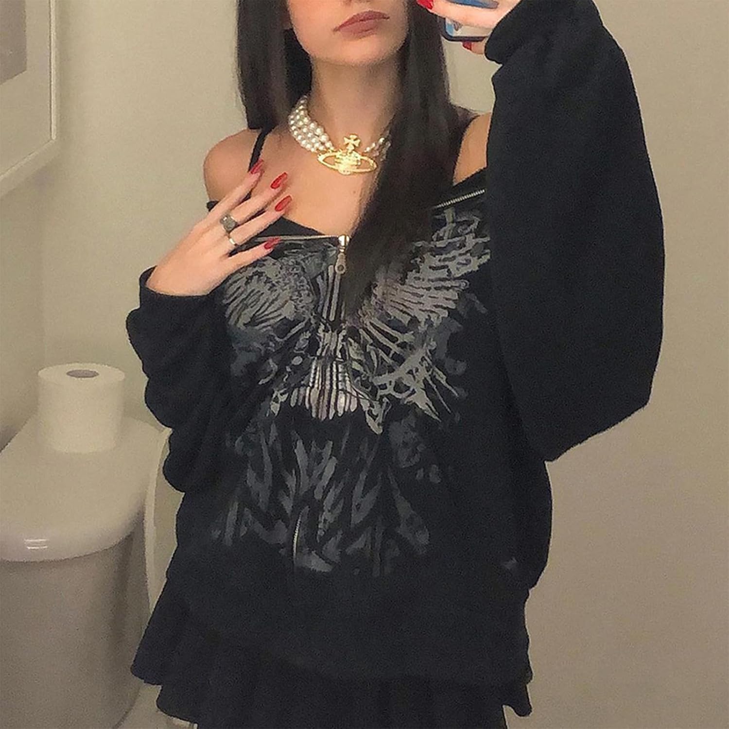 Meiweileya Women's Y2K Grunge Skull Hoodie