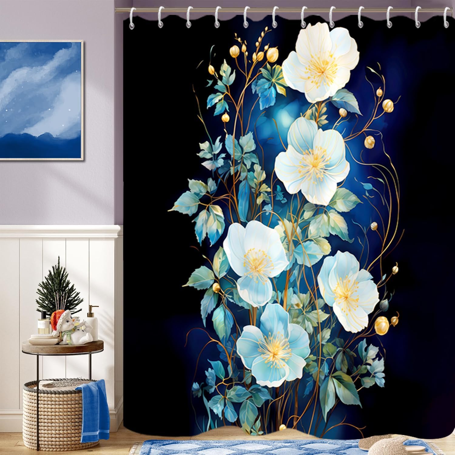 Flowers Shower Curtain for Bathroom White Teal Blue Floral Leaves Shower Curtain Set with Hooks Abstract Black Bathtub Decor Waterproof Fabric Curtains 72x72inches